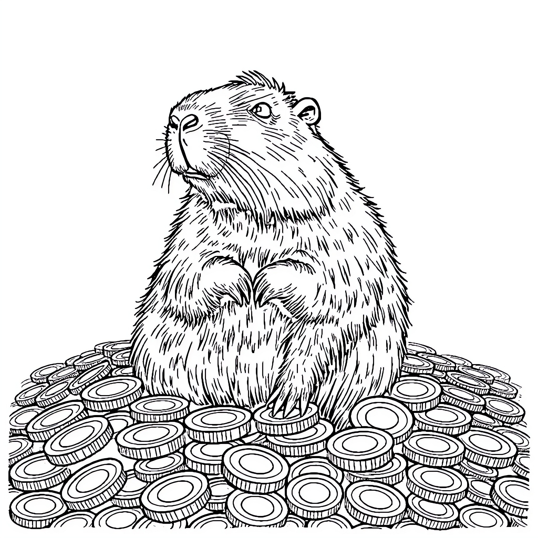 Capybara sitting on a pile of coins Coloring Page (free black-and-white line drawing printable PDF for all, from beginners to advanced learners, including children, teens, adults, and seniors)
