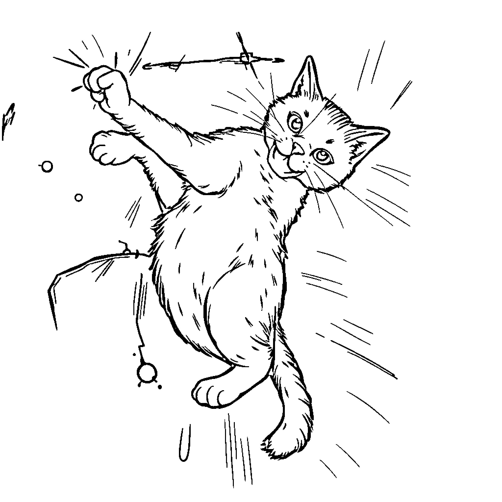 Cat attacking playfully with claws and teeth Coloring Page (free black-and-white line drawing printable PDF for all, from beginners to advanced learners, including children, teens, adults, and seniors)
