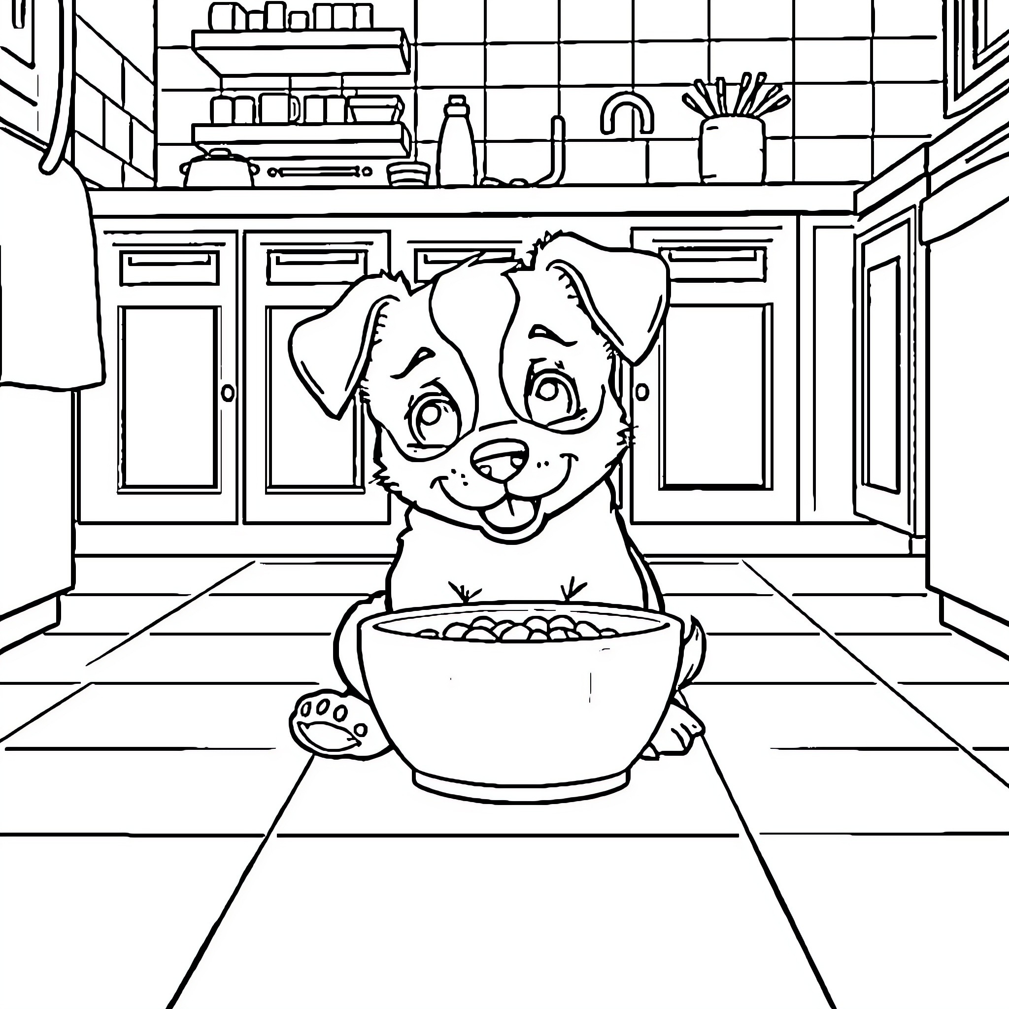Puppy enjoying a tasty meal in the kitchen Coloring Page (free black-and-white line drawing printable PDF for all, from beginners to advanced learners, including children, teens, adults, and seniors)