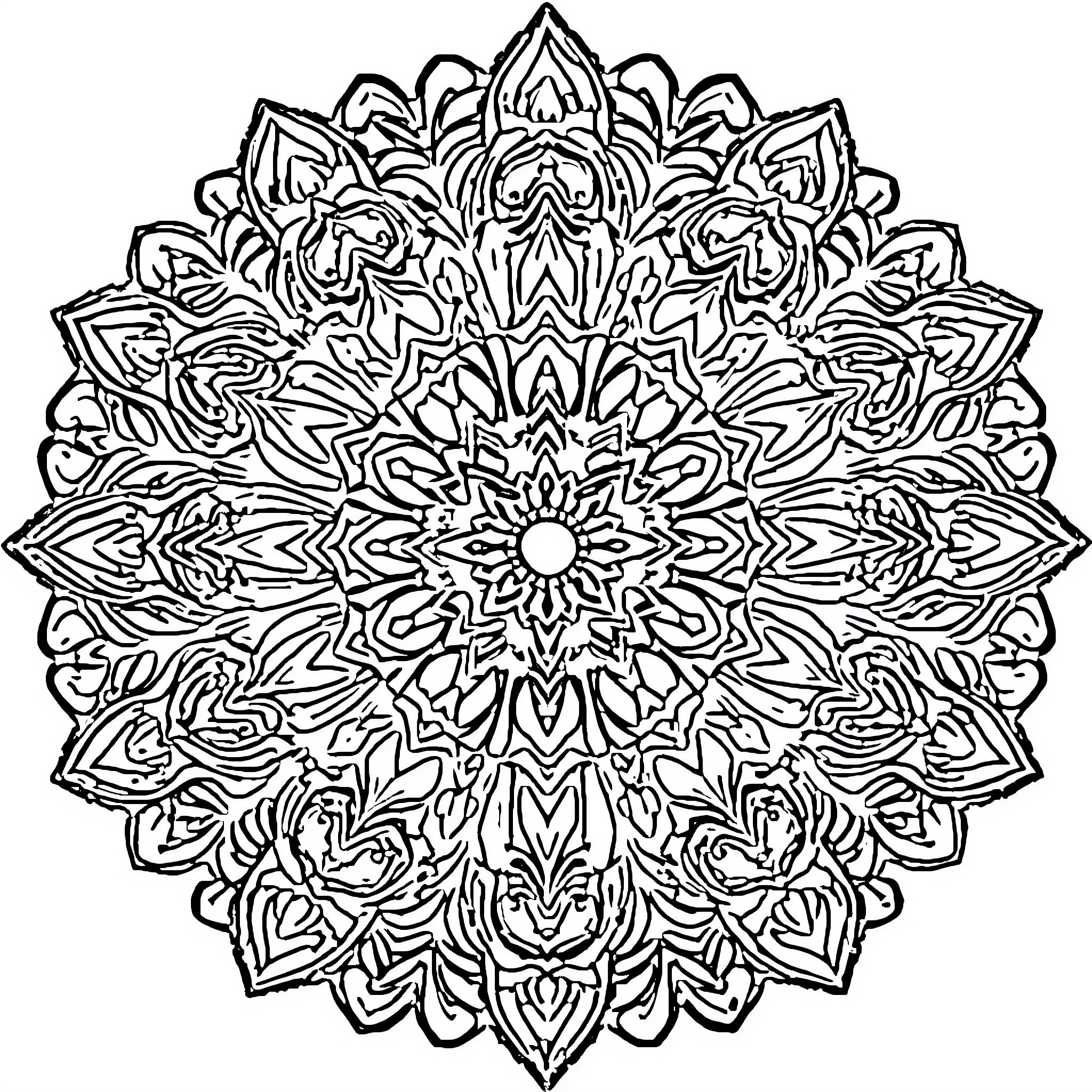 Mandala of intricate floral patterns Coloring Page (free black-and-white line drawing printable PDF for all, from beginners to advanced learners, including children, teens, adults, and seniors)