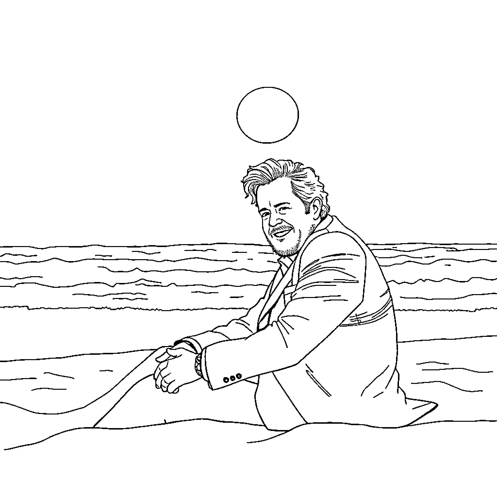 Javier Milei sitting contemplatively by the sea Coloring Page (free black-and-white line drawing printable PDF for all, from beginners to advanced learners, including children, teens, adults, and seniors)