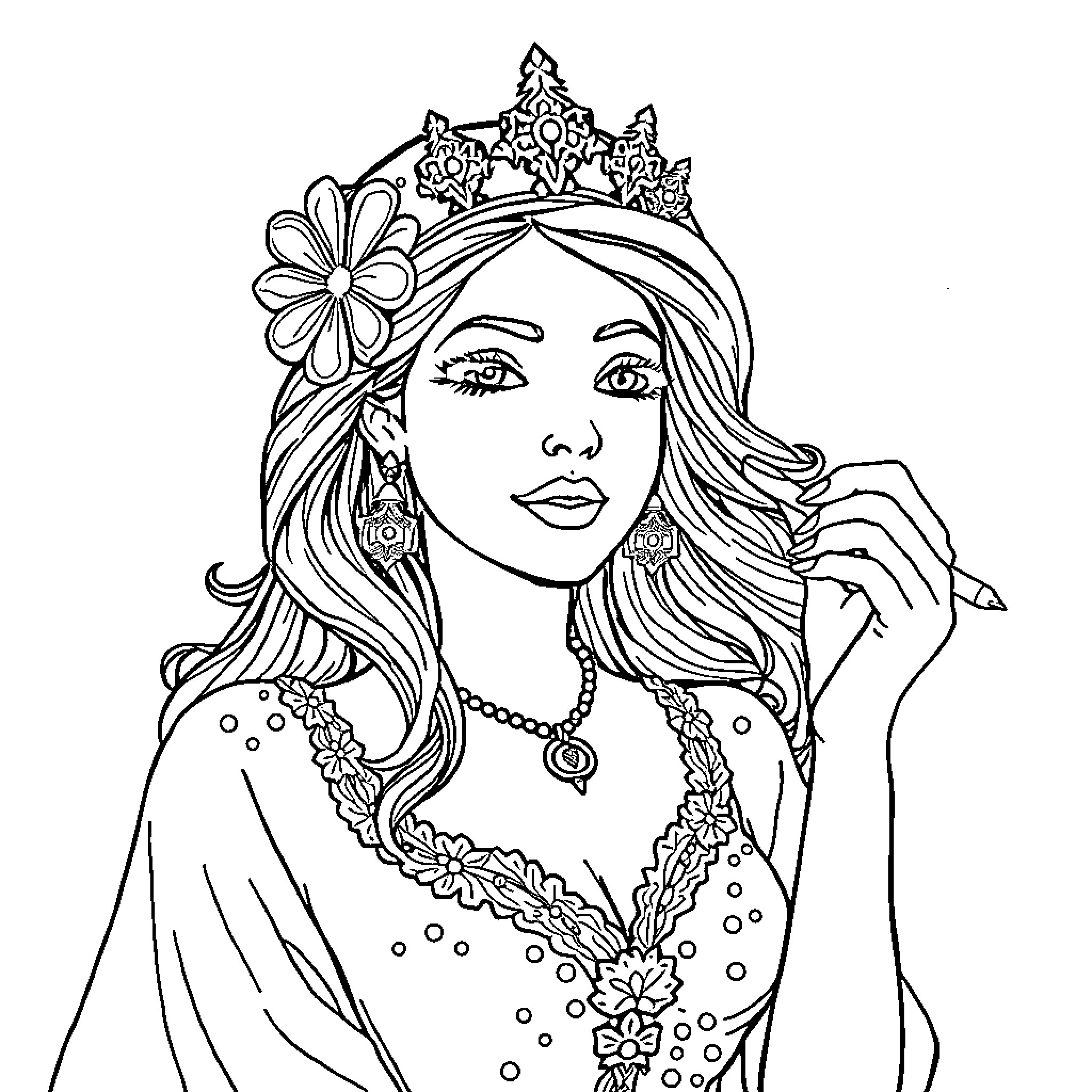 Wonder Woman in Elegant Floral Crown and Attire Coloring Page (free black-and-white line drawing printable PDF for all, from beginners to advanced learners, including children, teens, adults, and seniors)