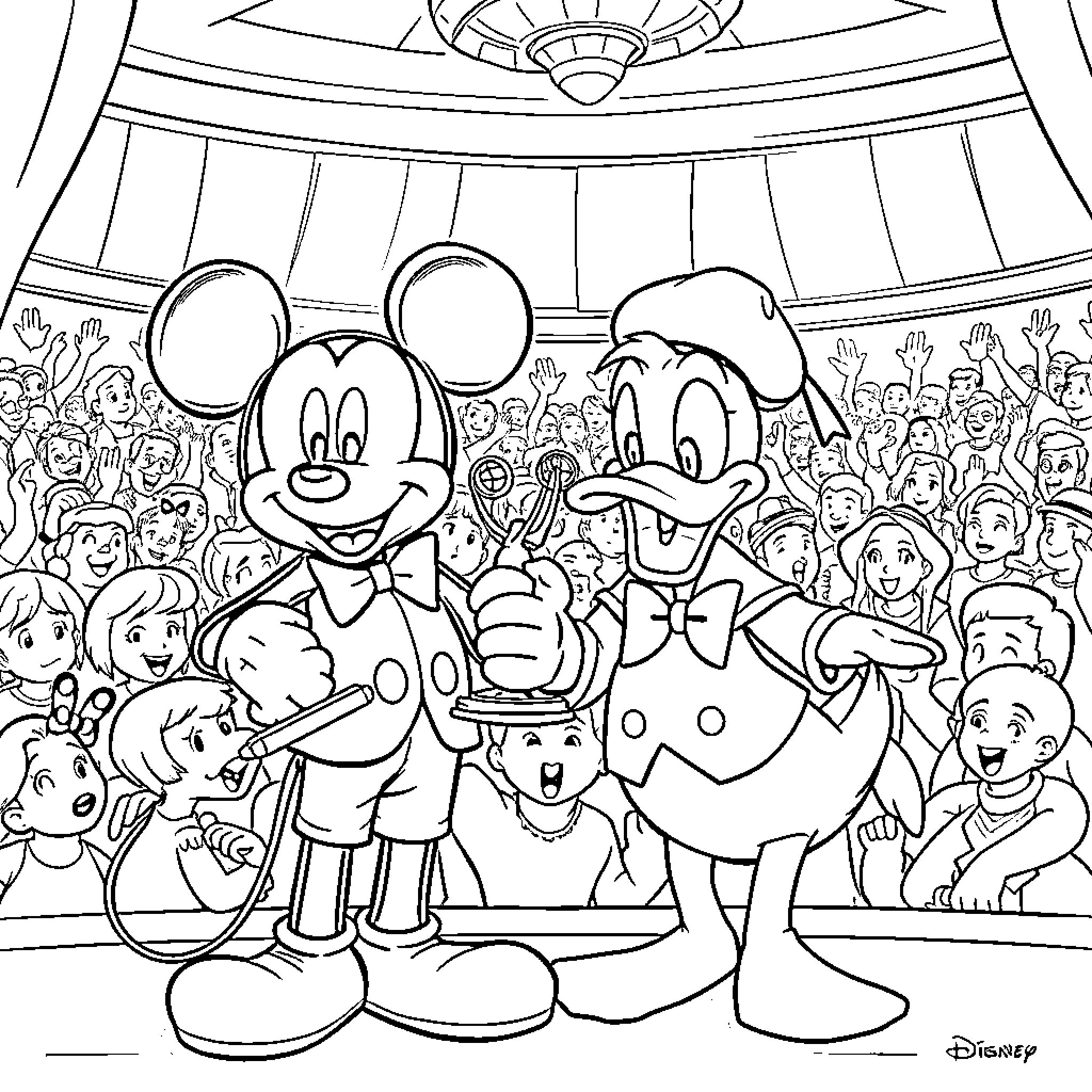 Mickey Mouse and friends performing in front of a crowd Coloring Page (free black-and-white line drawing printable PDF for all, from beginners to advanced learners, including children, teens, adults, and seniors)