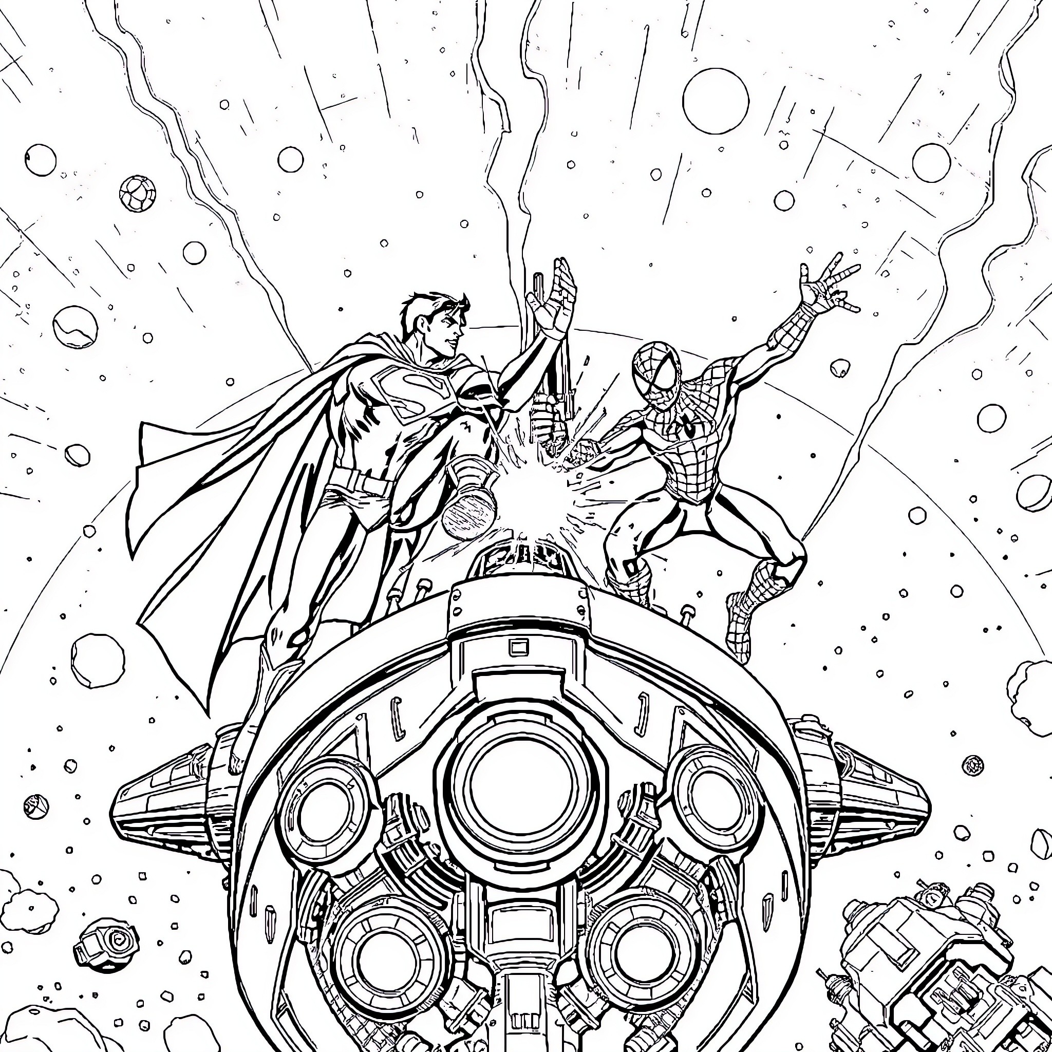 Superman and Spider-Man in epic cosmic battle Coloring Page (free black-and-white line drawing printable PDF for all, from beginners to advanced learners, including children, teens, adults, and seniors)