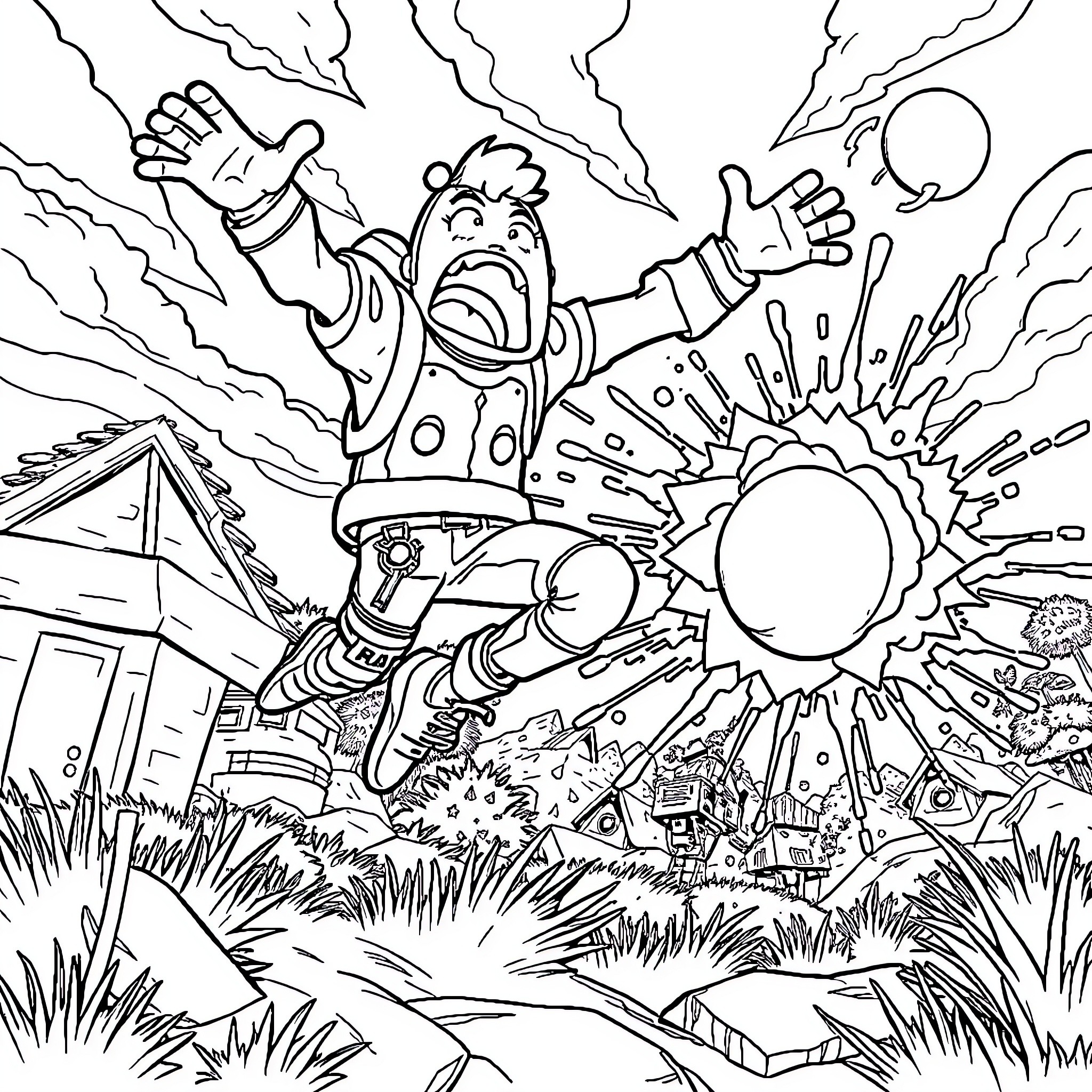 Jonesey's Chaotic Adventure in the Great Outdoors Coloring Page (free black-and-white line drawing printable PDF for all, from beginners to advanced learners, including children, teens, adults, and seniors)