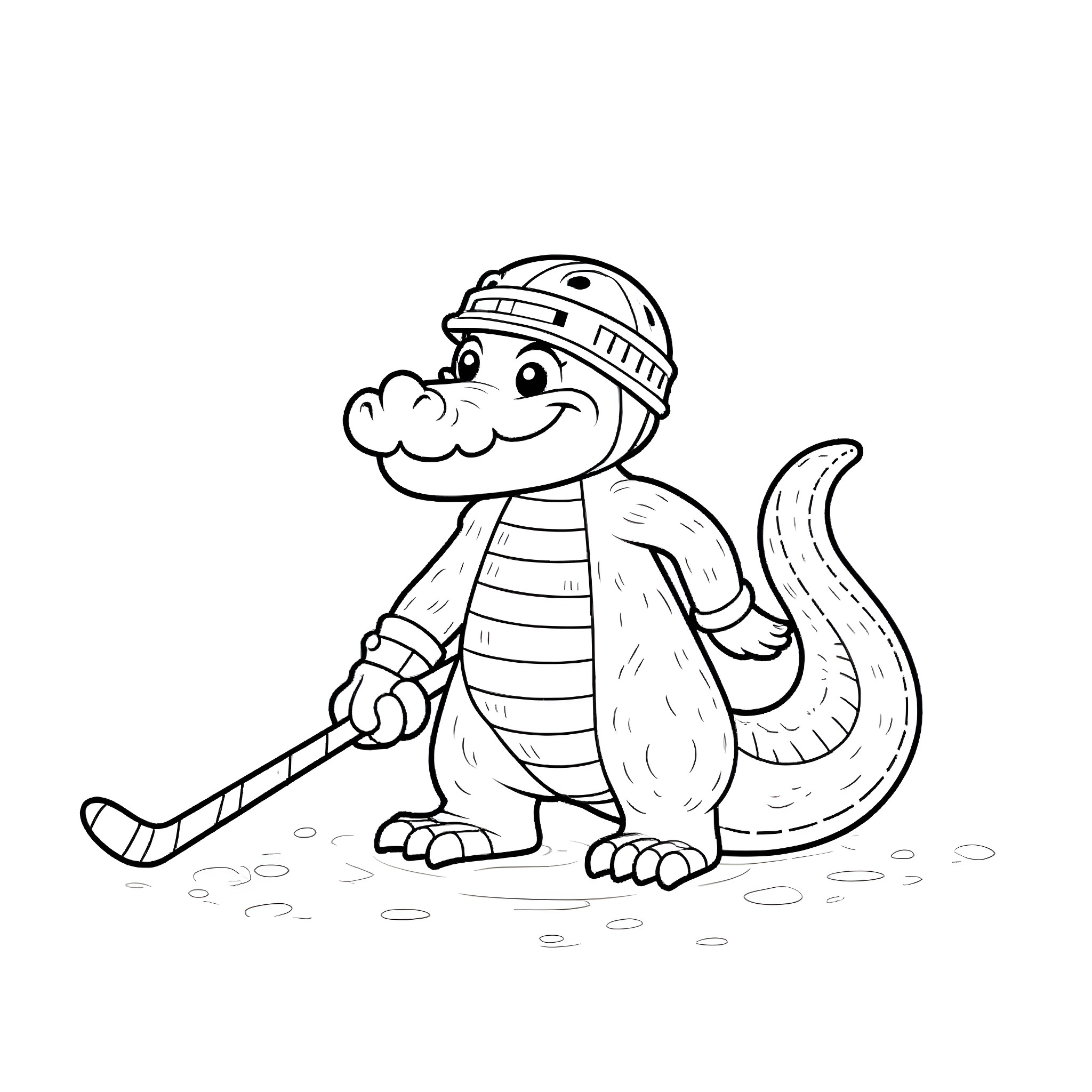 Alligator playing hockey on the field Coloring Page (free black-and-white line drawing printable PDF for all, from beginners to advanced learners, including children, teens, adults, and seniors)
