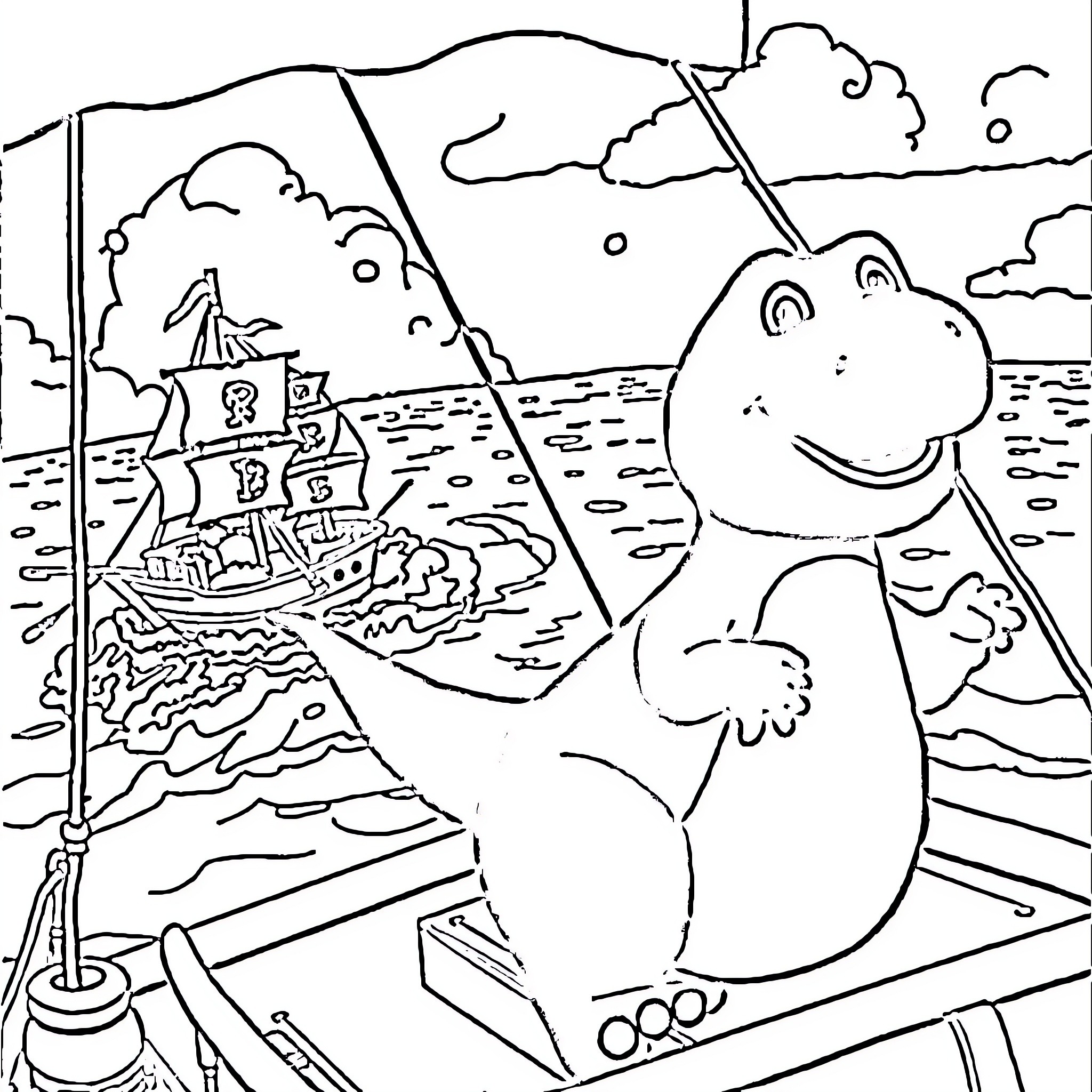 Barney's Pirate Adventure at the Beach Coloring Page (free black-and-white line drawing printable PDF for all, from beginners to advanced learners, including children, teens, adults, and seniors)