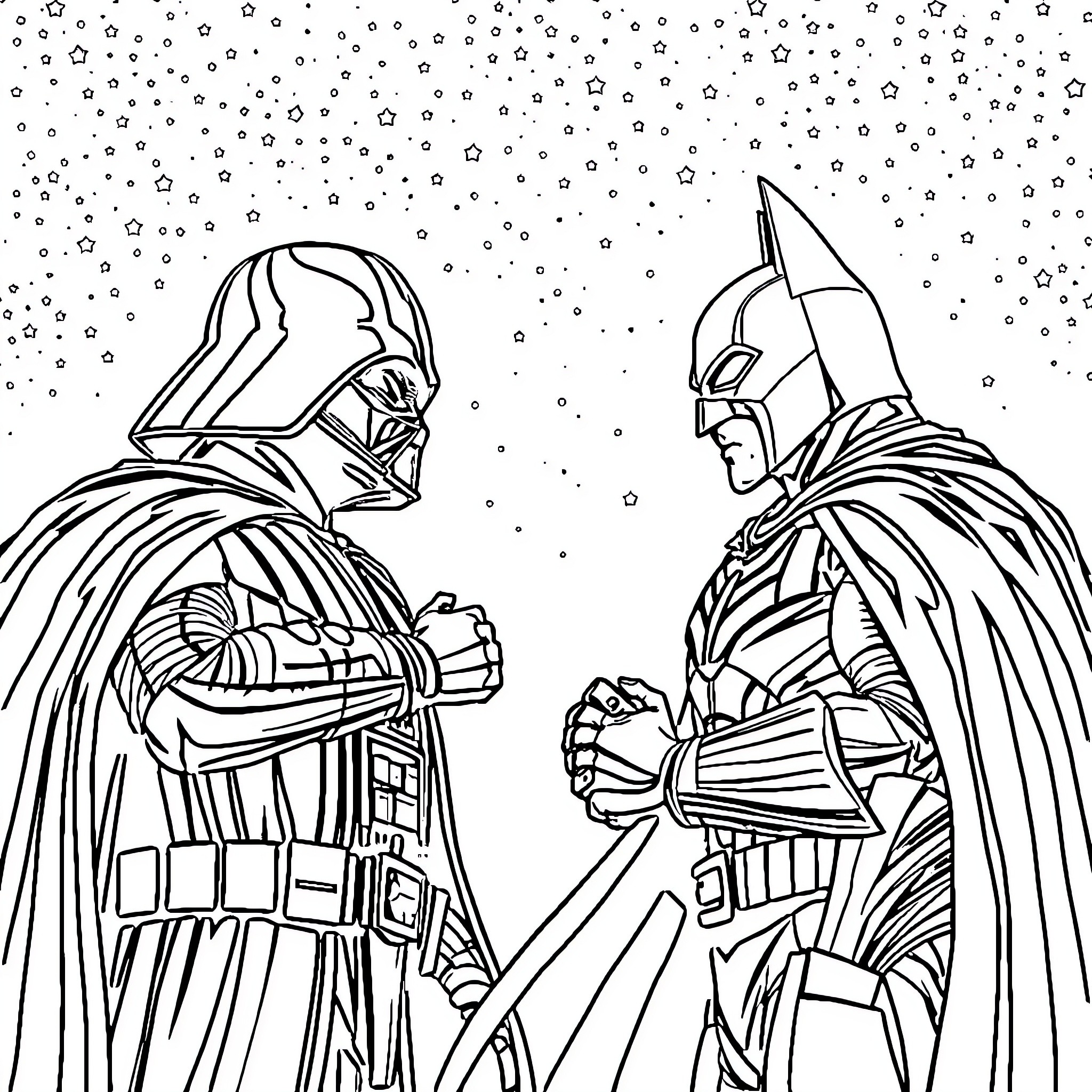 Darth Vader confronting a heroic warrior in the snow Coloring Page (free black-and-white line drawing printable PDF for all, from beginners to advanced learners, including children, teens, adults, and seniors)
