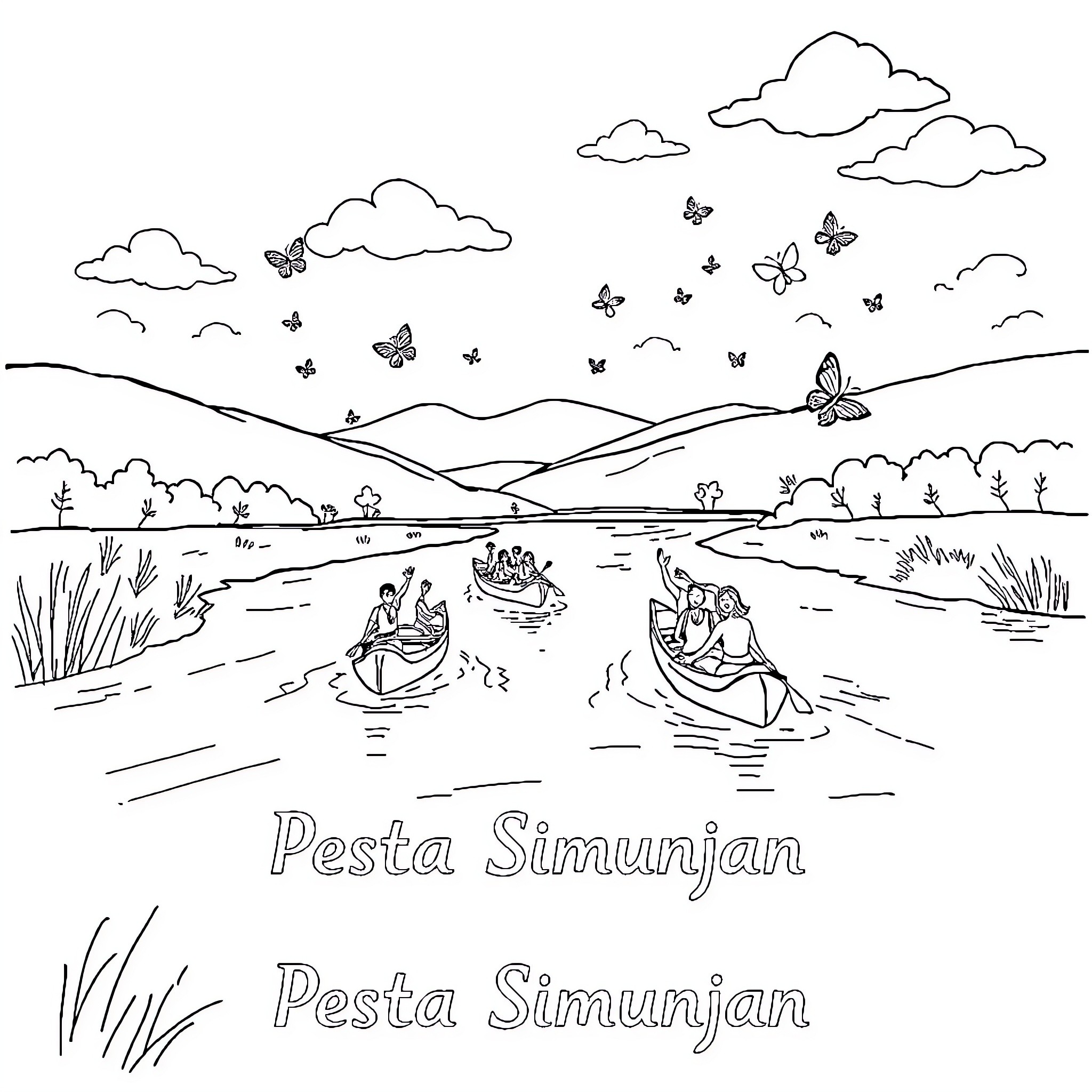 Boat ride on a scenic lake with butterflies Coloring Page (free black-and-white line drawing printable PDF for all, from beginners to advanced learners, including children, teens, adults, and seniors)
