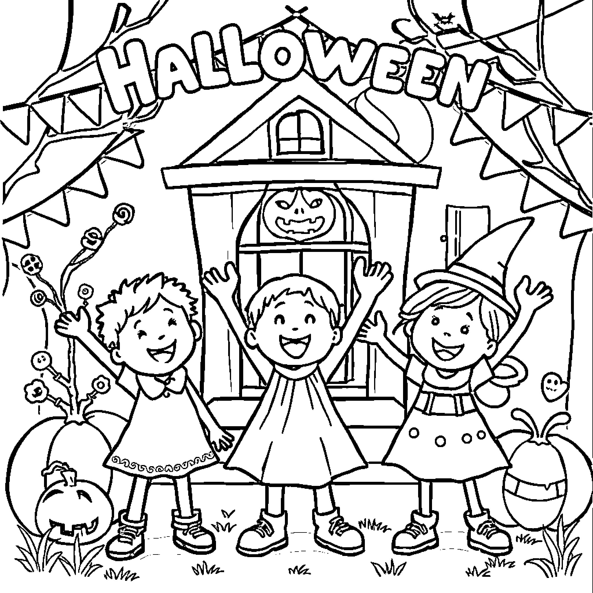 Halloween fun with costumed children in front of a house Coloring Page (free black-and-white line drawing printable PDF for all, from beginners to advanced learners, including children, teens, adults, and seniors)