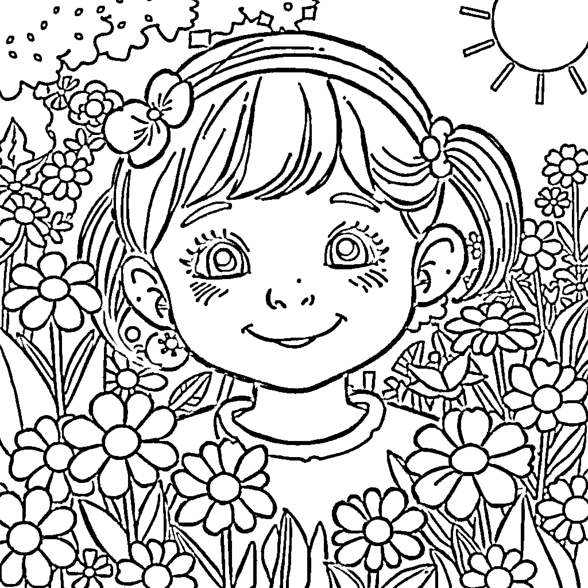 Girl smiling brightly in a field of flowers Coloring Page (free black-and-white line drawing printable PDF for all, from beginners to advanced learners, including children, teens, adults, and seniors)