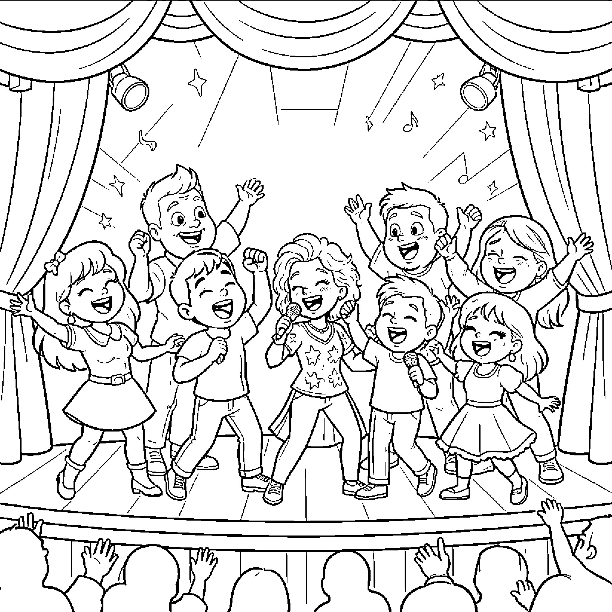 Sing along with cheerful performers on stage Coloring Page (free black-and-white line drawing printable PDF for all, from beginners to advanced learners, including children, teens, adults, and seniors)