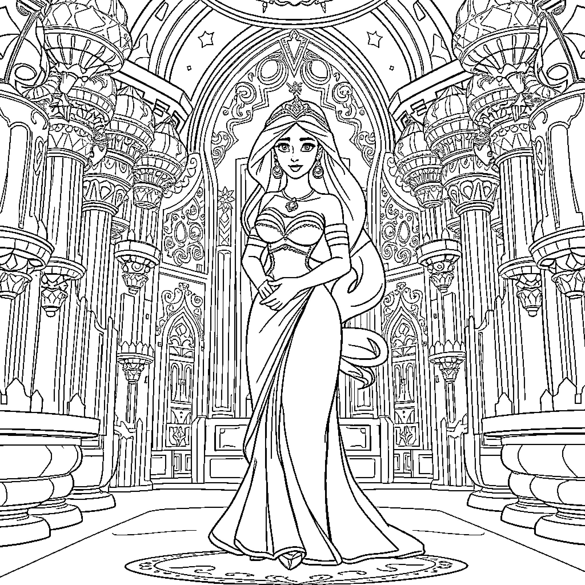 Jasmine in a grand palace Coloring Page (free black-and-white line drawing printable PDF for all, from beginners to advanced learners, including children, teens, adults, and seniors)