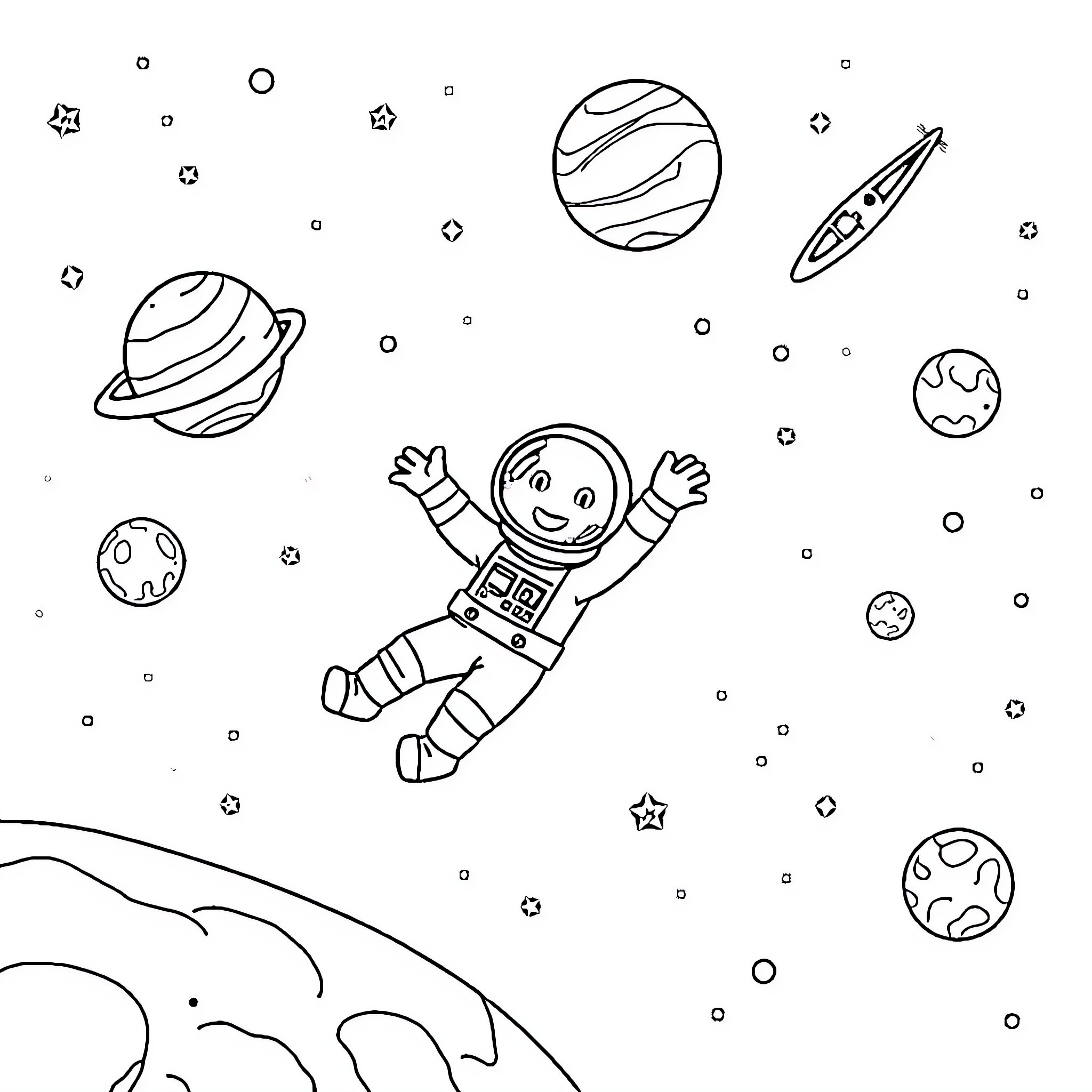 Astronaut floating happily in the starry space Coloring Page (free black-and-white line drawing printable PDF for all, from beginners to advanced learners, including children, teens, adults, and seniors)