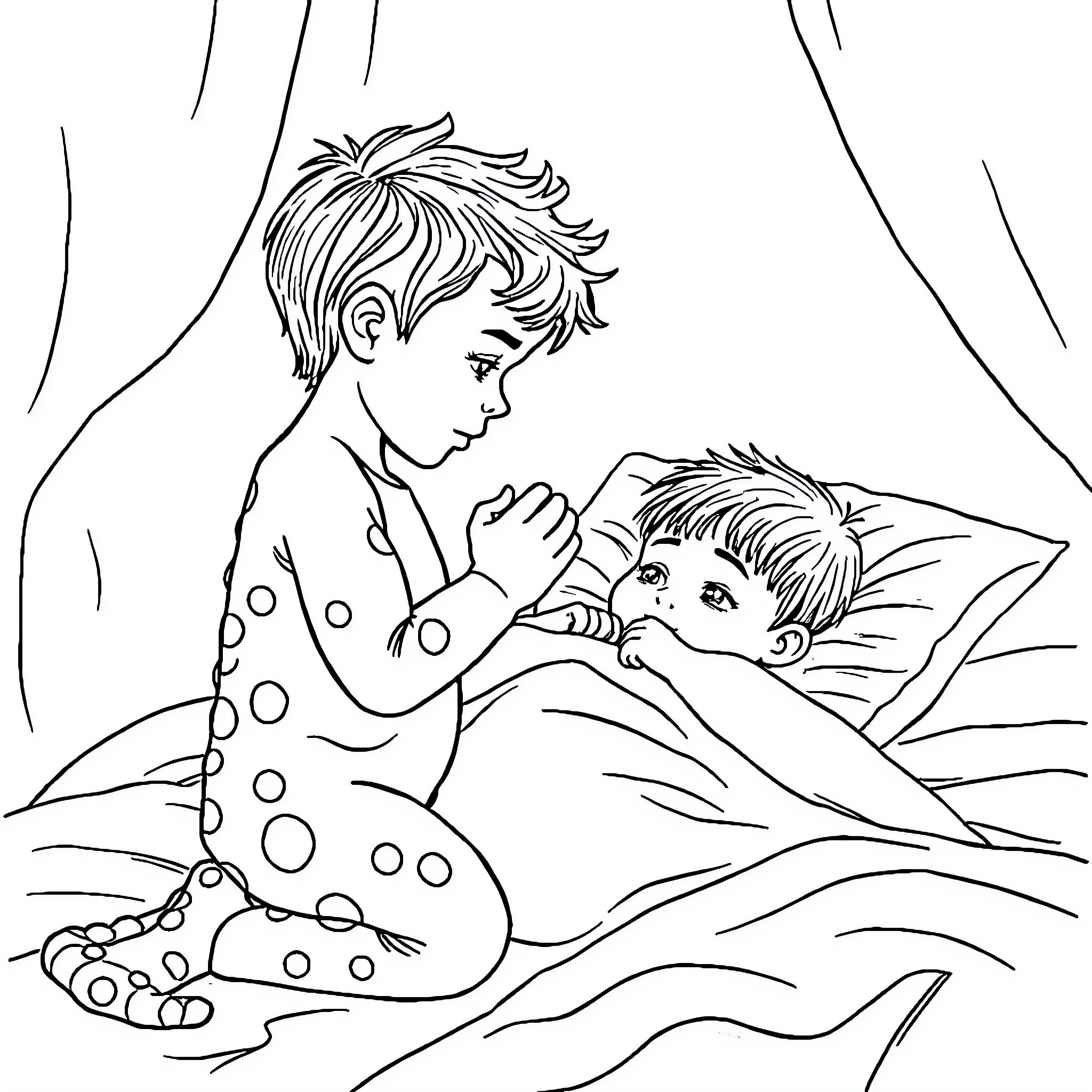 Niño caring for his sibling in bed Coloring Page (free black-and-white line drawing printable PDF for all, from beginners to advanced learners, including children, teens, adults, and seniors)