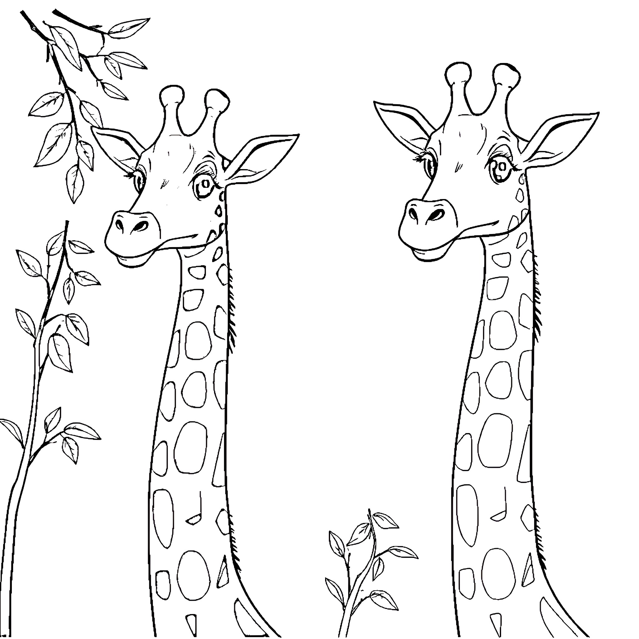 Giraffe friends in the wild Coloring Page (free black-and-white line drawing printable PDF for all, from beginners to advanced learners, including children, teens, adults, and seniors)
