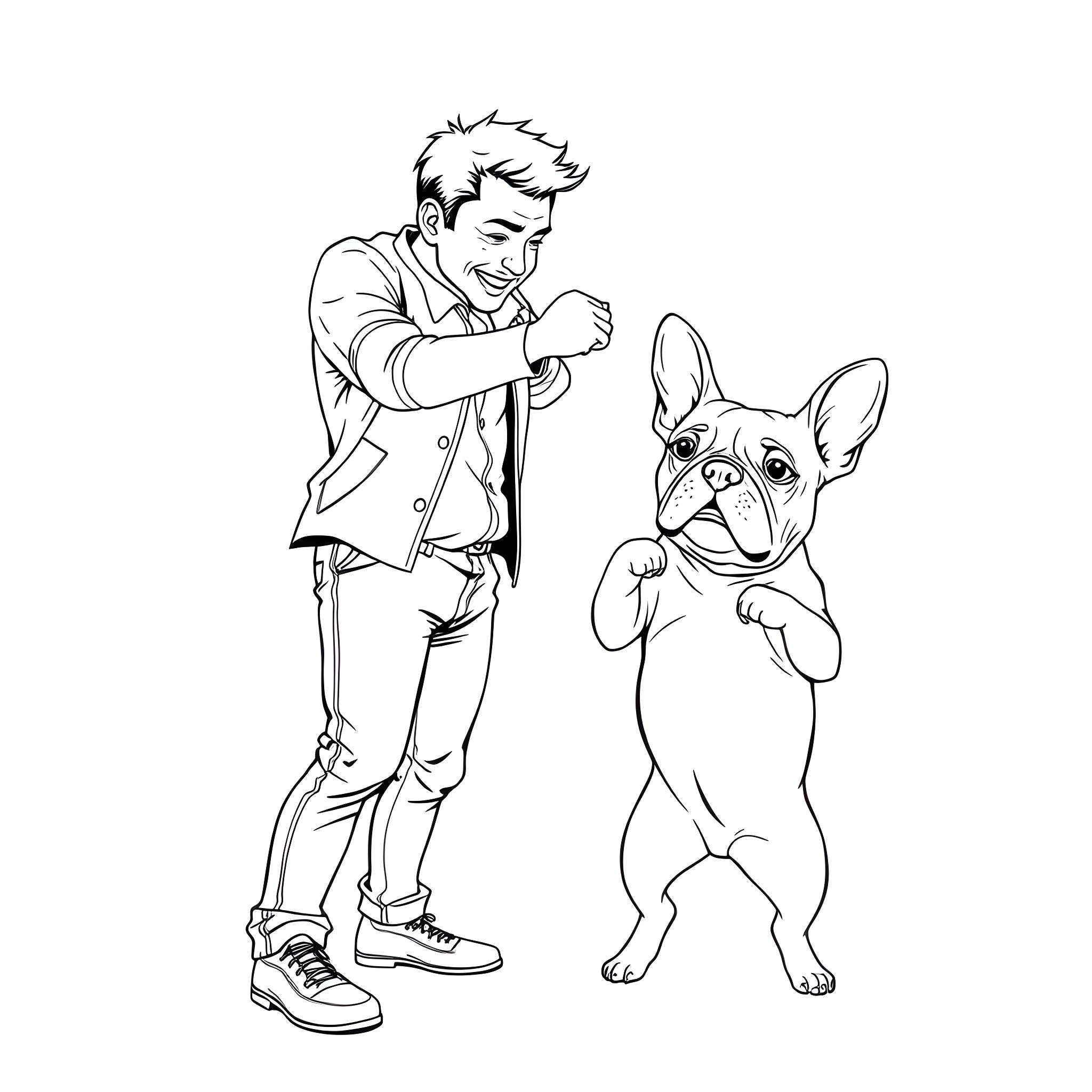 Bulldog Companion Walking with Human Friend Coloring Page (free black-and-white line drawing printable PDF for all, from beginners to advanced learners, including children, teens, adults, and seniors)