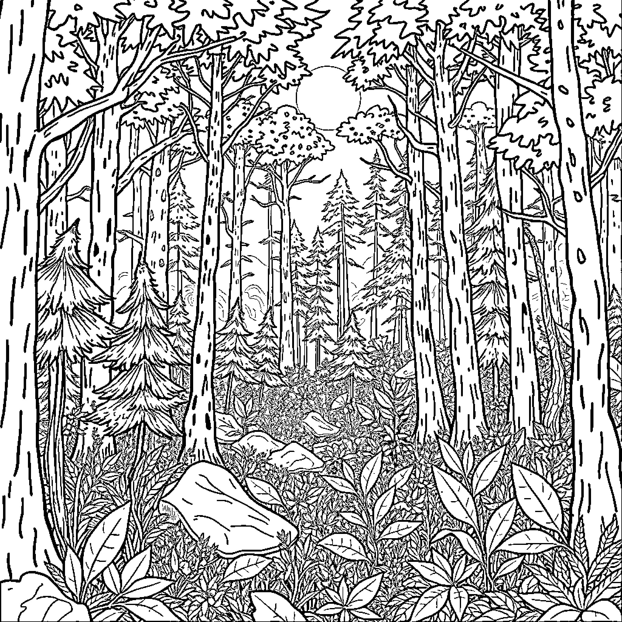 Forest Trail through Dense Wilderness Landscape Coloring Page (free black-and-white line drawing printable PDF for all, from beginners to advanced learners, including children, teens, adults, and seniors)