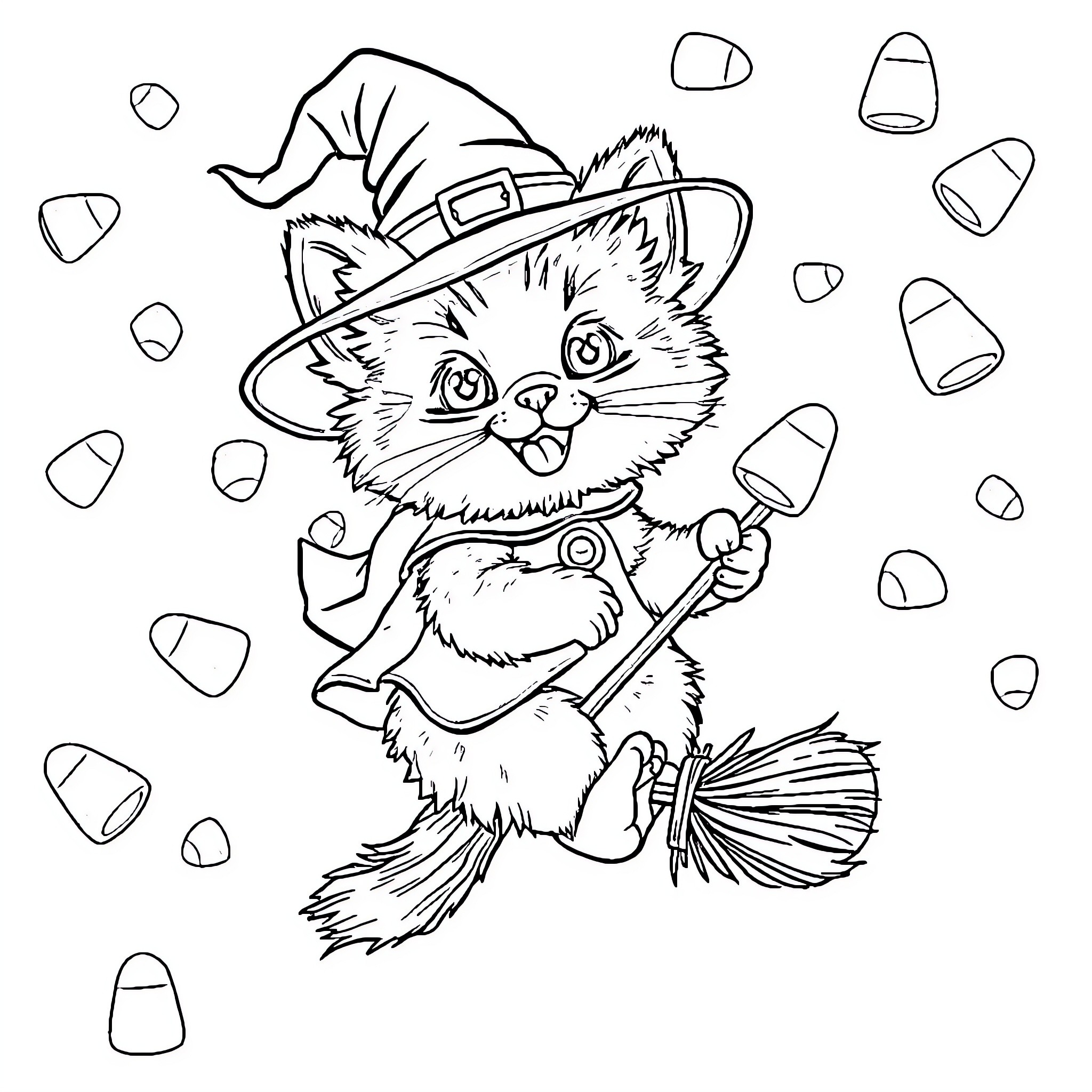 Kitten witch riding on a broomstick Coloring Page (free black-and-white line drawing printable PDF for all, from beginners to advanced learners, including children, teens, adults, and seniors)