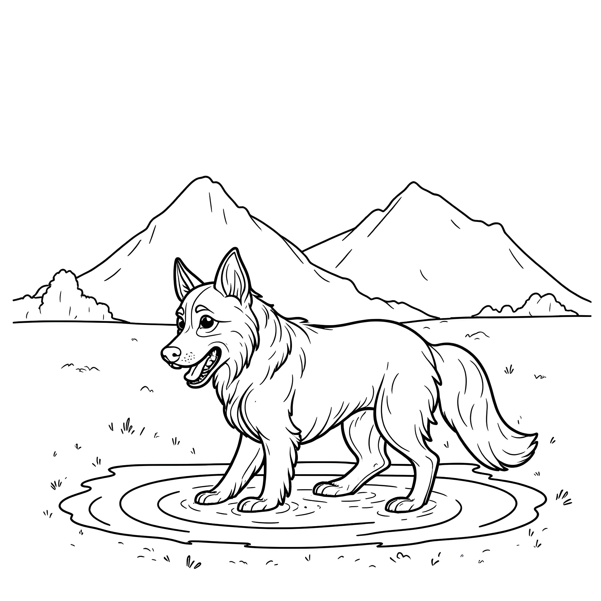 German Shepherd standing in a mountain stream Coloring Page (free black-and-white line drawing printable PDF for all, from beginners to advanced learners, including children, teens, adults, and seniors)