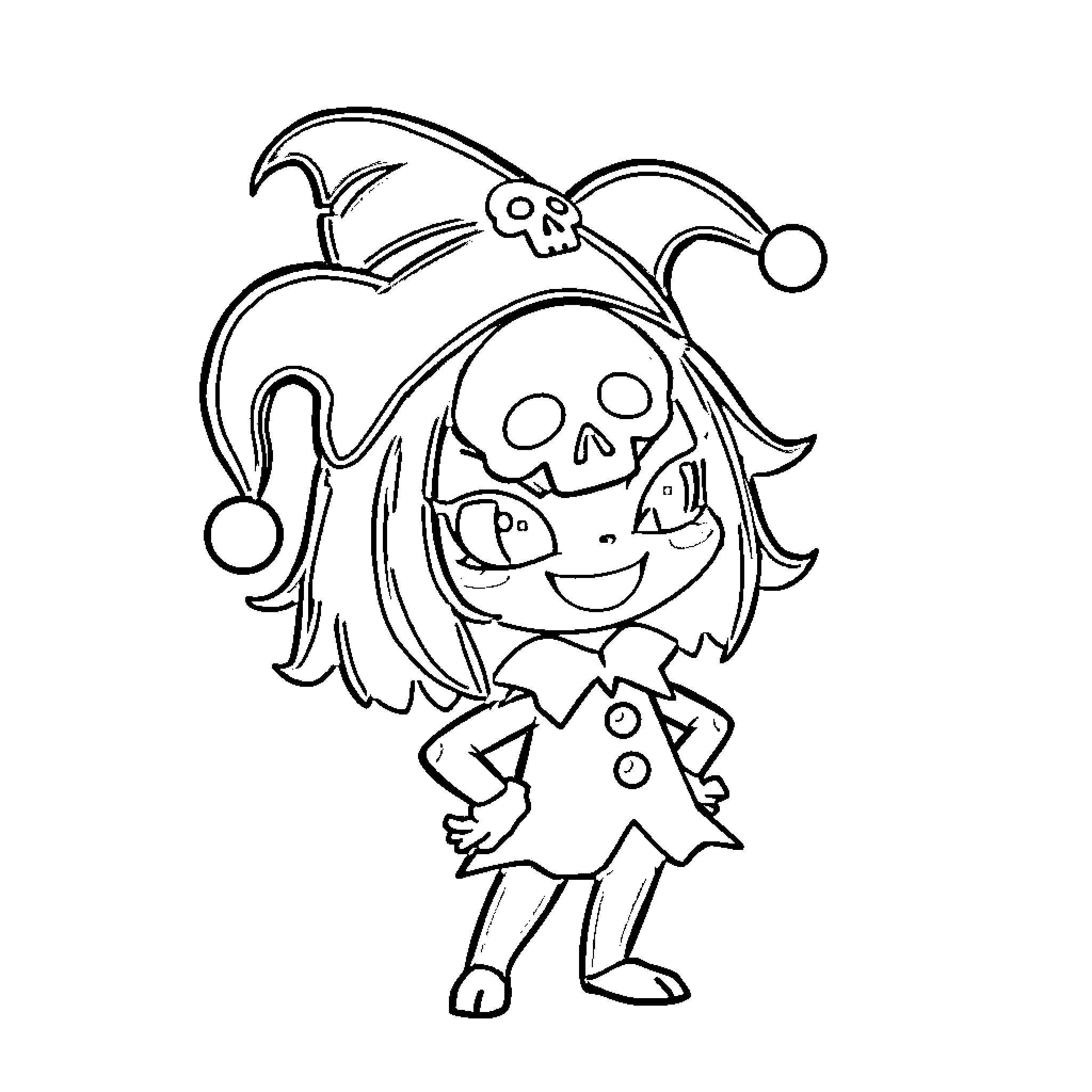 Kuromi playing in costume with skull motifs Coloring Page (free black-and-white line drawing printable PDF for all, from beginners to advanced learners, including children, teens, adults, and seniors)