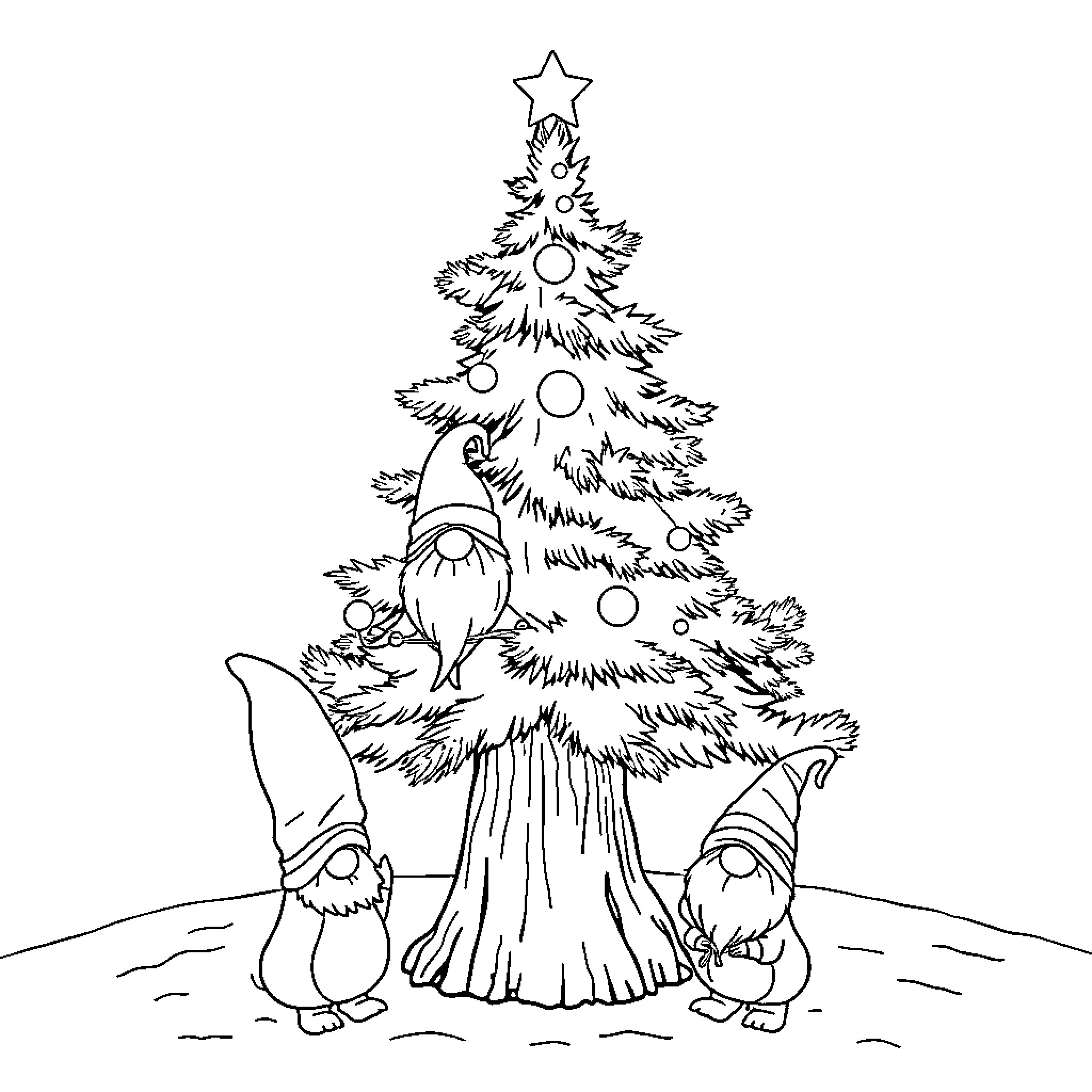 Sapin with Christmas gnomes decorating the tree Coloring Page (free black-and-white line drawing printable PDF for all, from beginners to advanced learners, including children, teens, adults, and seniors)