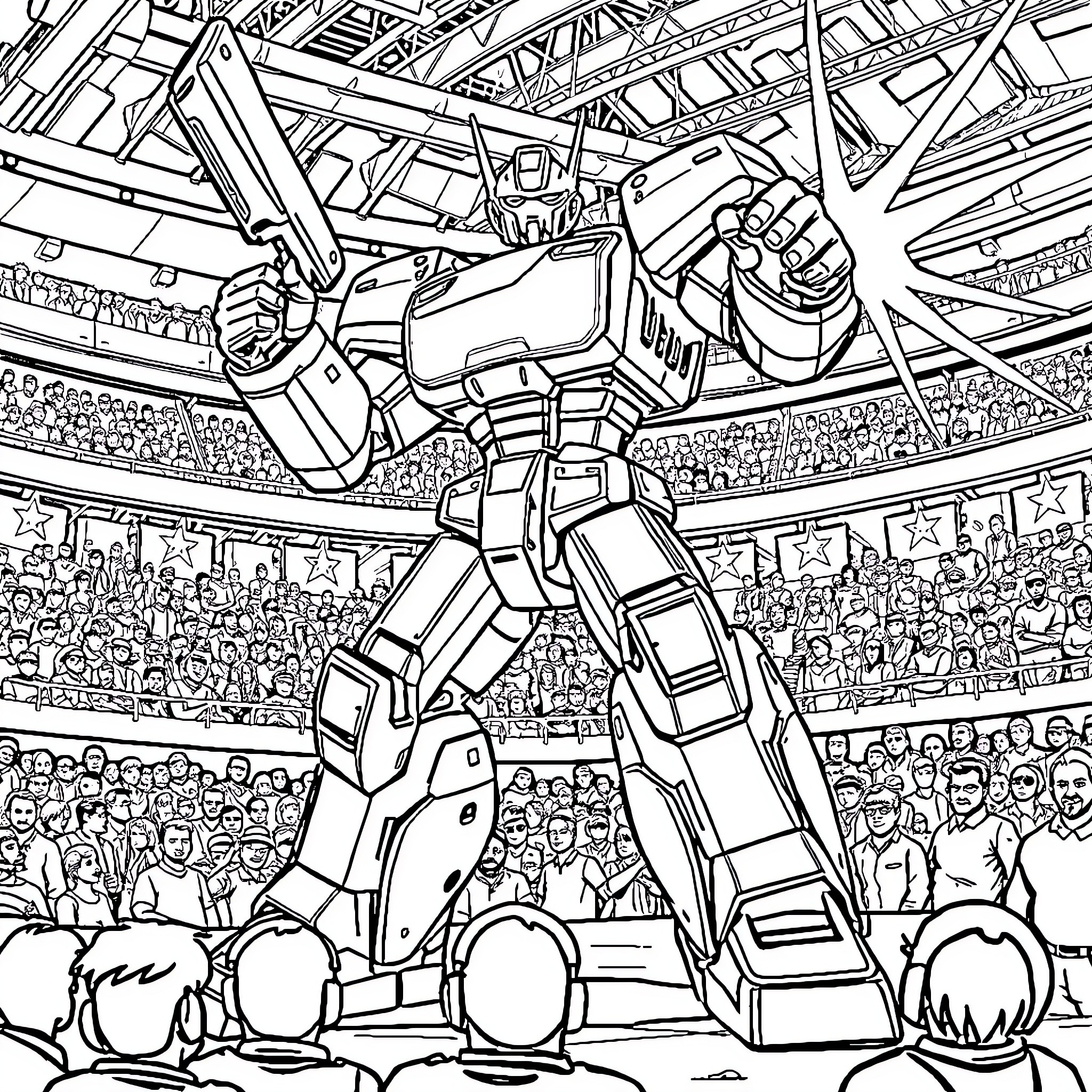Robot performing in a large arena Coloring Page (free black-and-white line drawing printable PDF for all, from beginners to advanced learners, including children, teens, adults, and seniors)