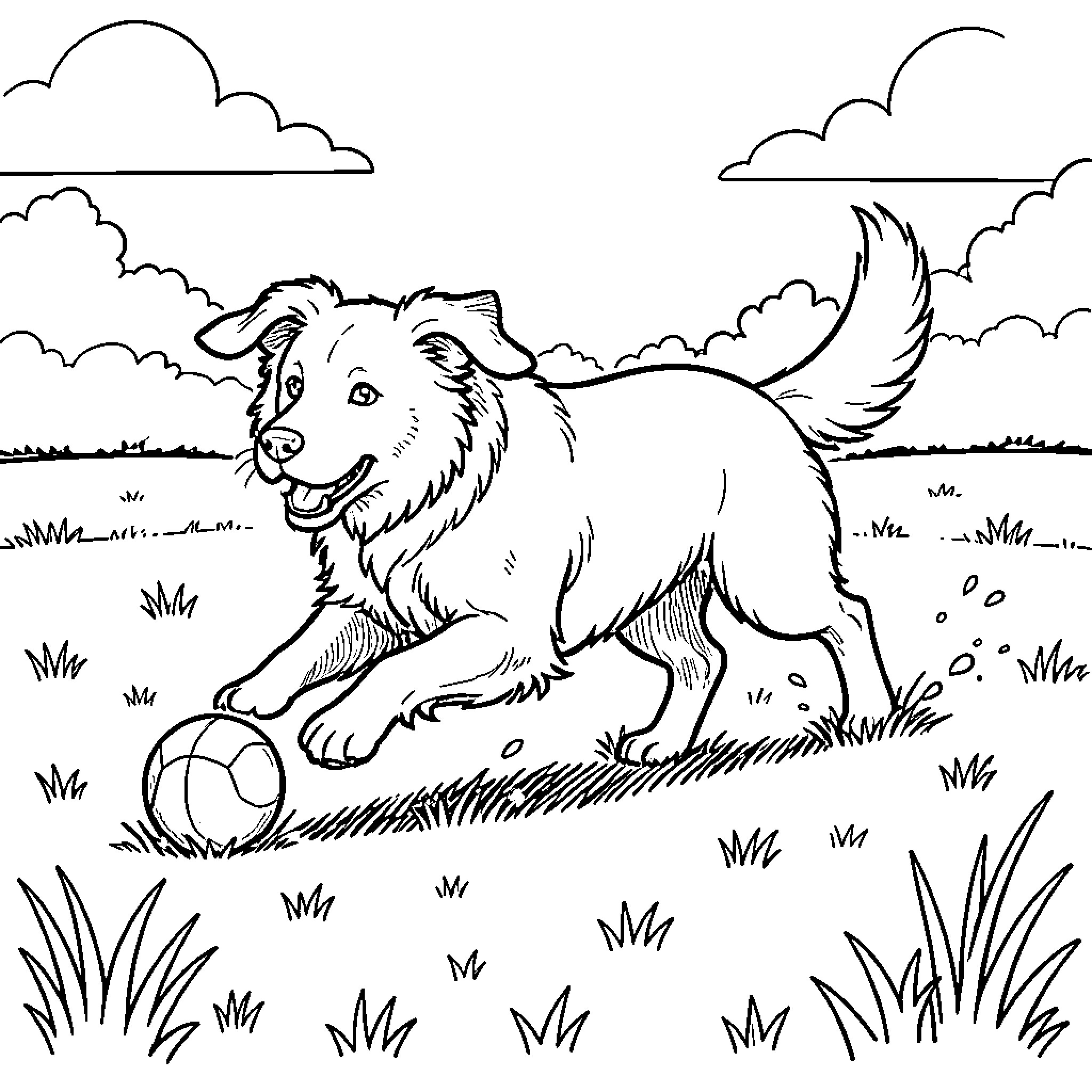 Dog playing with a ball in a field Coloring Page (free black-and-white line drawing printable PDF for all, from beginners to advanced learners, including children, teens, adults, and seniors)