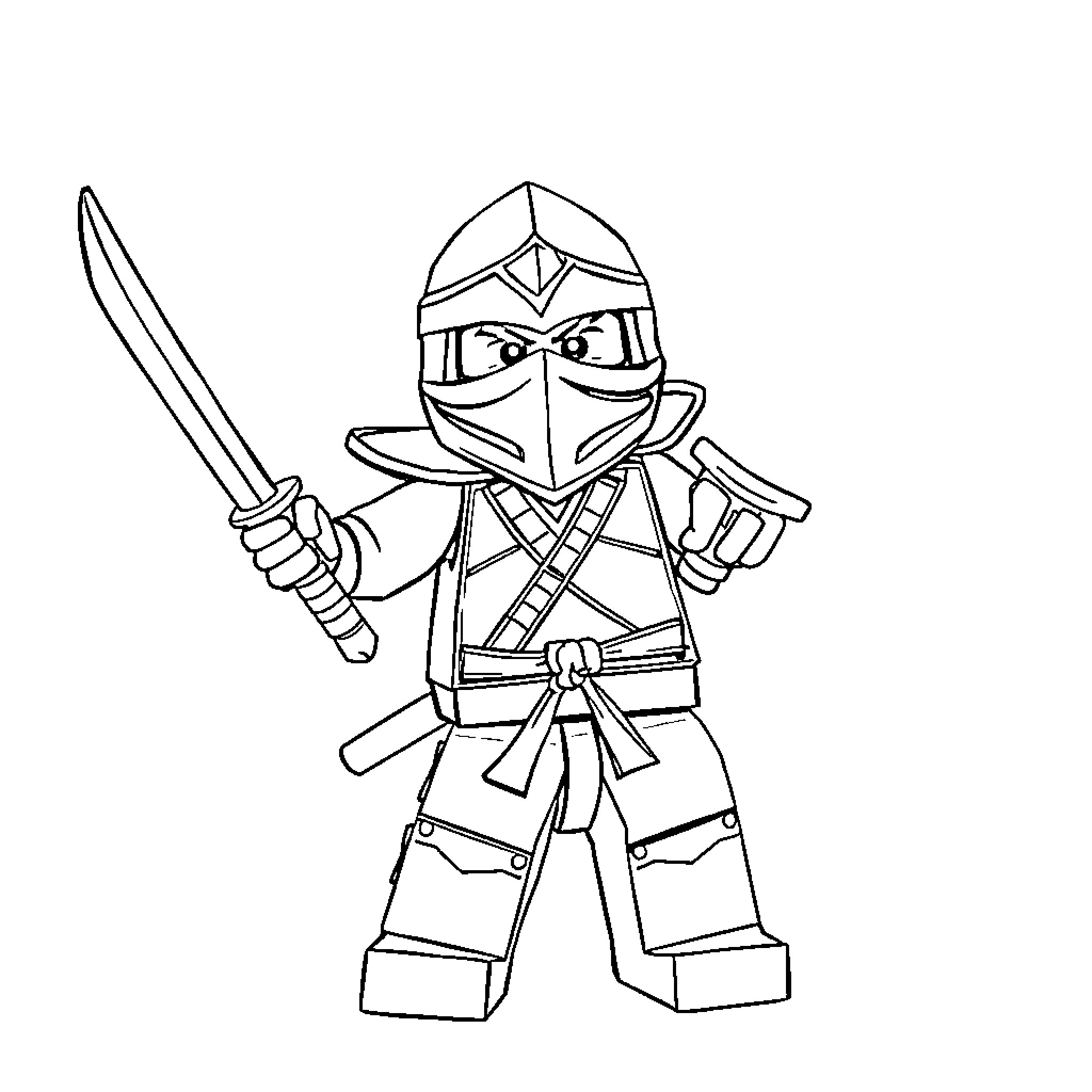 Ninjago Kai in action stance with weapons Coloring Page (free black-and-white line drawing printable PDF for all, from beginners to advanced learners, including children, teens, adults, and seniors)