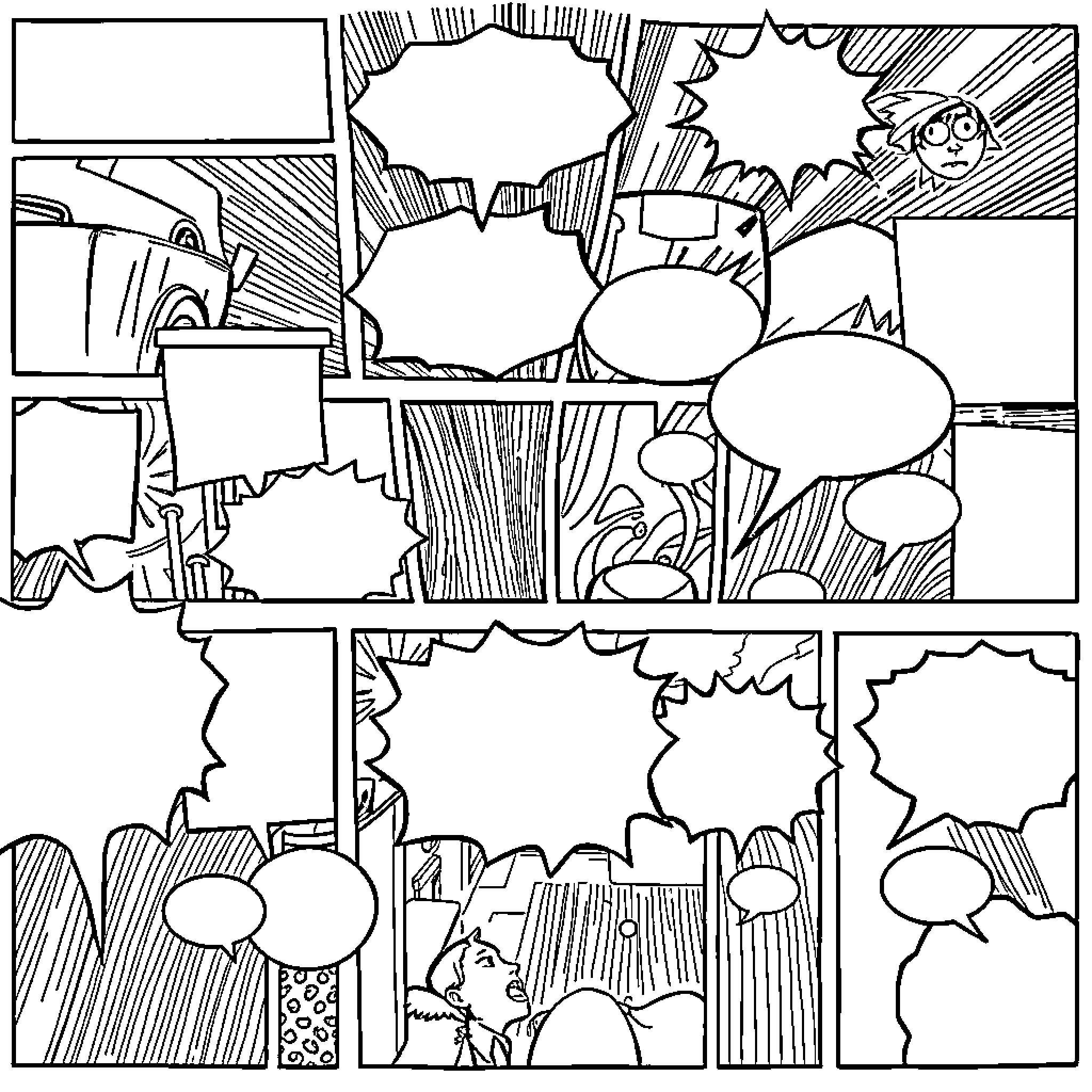Manga Comic Strip with Speech Bubbles and Dramatic Scenes Coloring Page (free black-and-white line drawing printable PDF for all, from beginners to advanced learners, including children, teens, adults, and seniors)