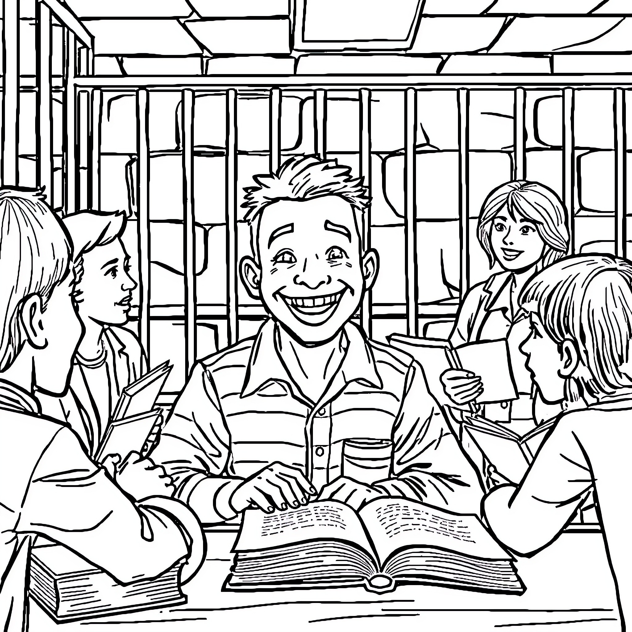 Inmate Studying with Peers in Correctional Facility Coloring Page (free black-and-white line drawing printable PDF for all, from beginners to advanced learners, including children, teens, adults, and seniors)