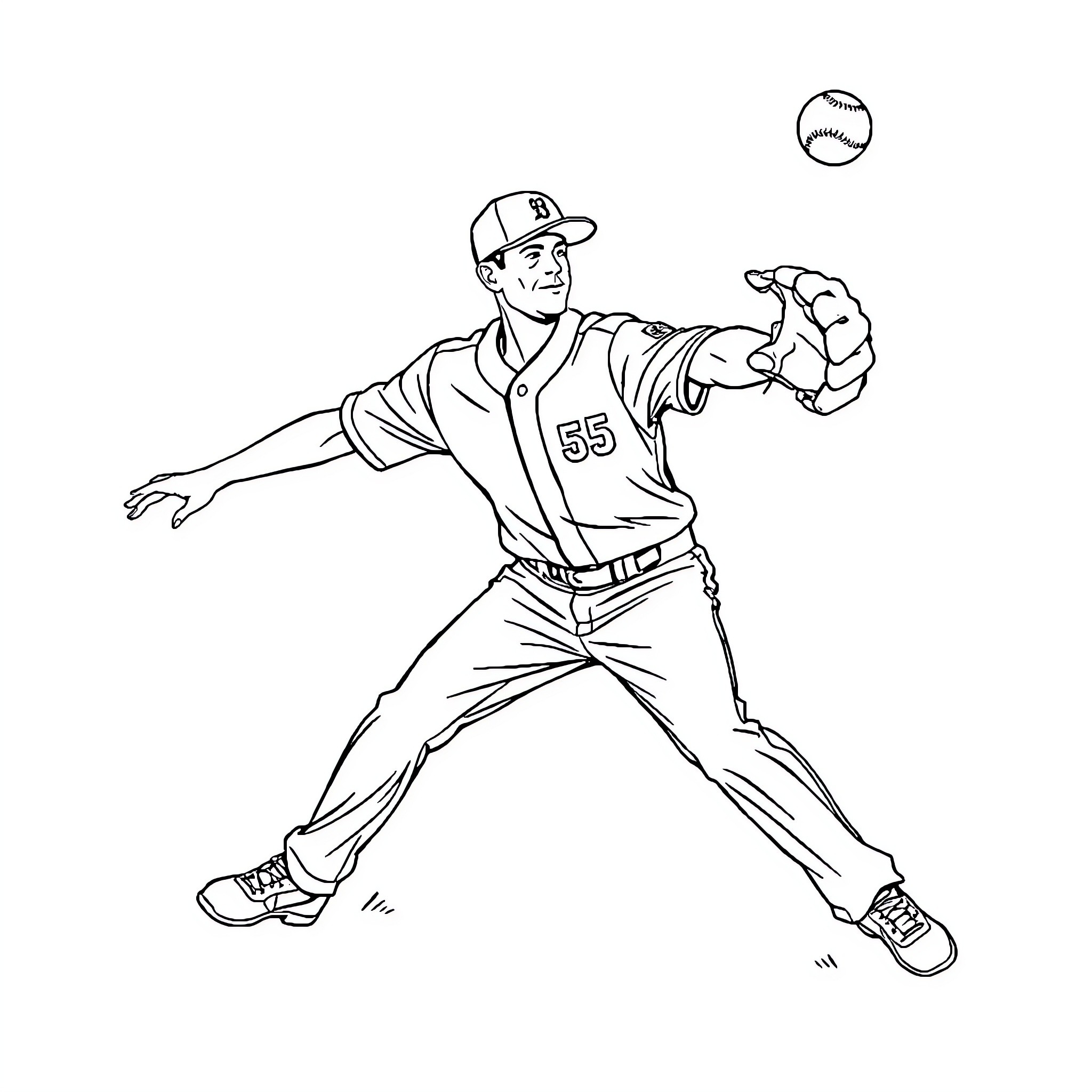 Baseball Player Throwing Ball with Enthusiasm Coloring Page (free black-and-white line drawing printable PDF for all, from beginners to advanced learners, including children, teens, adults, and seniors)