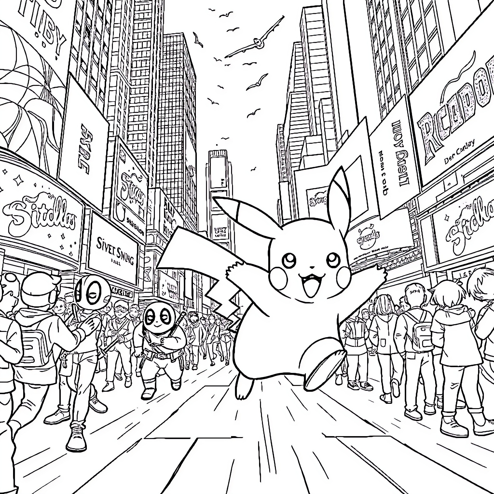 Pikachu exploring the bustling city streets Coloring Page (free black-and-white line drawing printable PDF for all, from beginners to advanced learners, including children, teens, adults, and seniors)