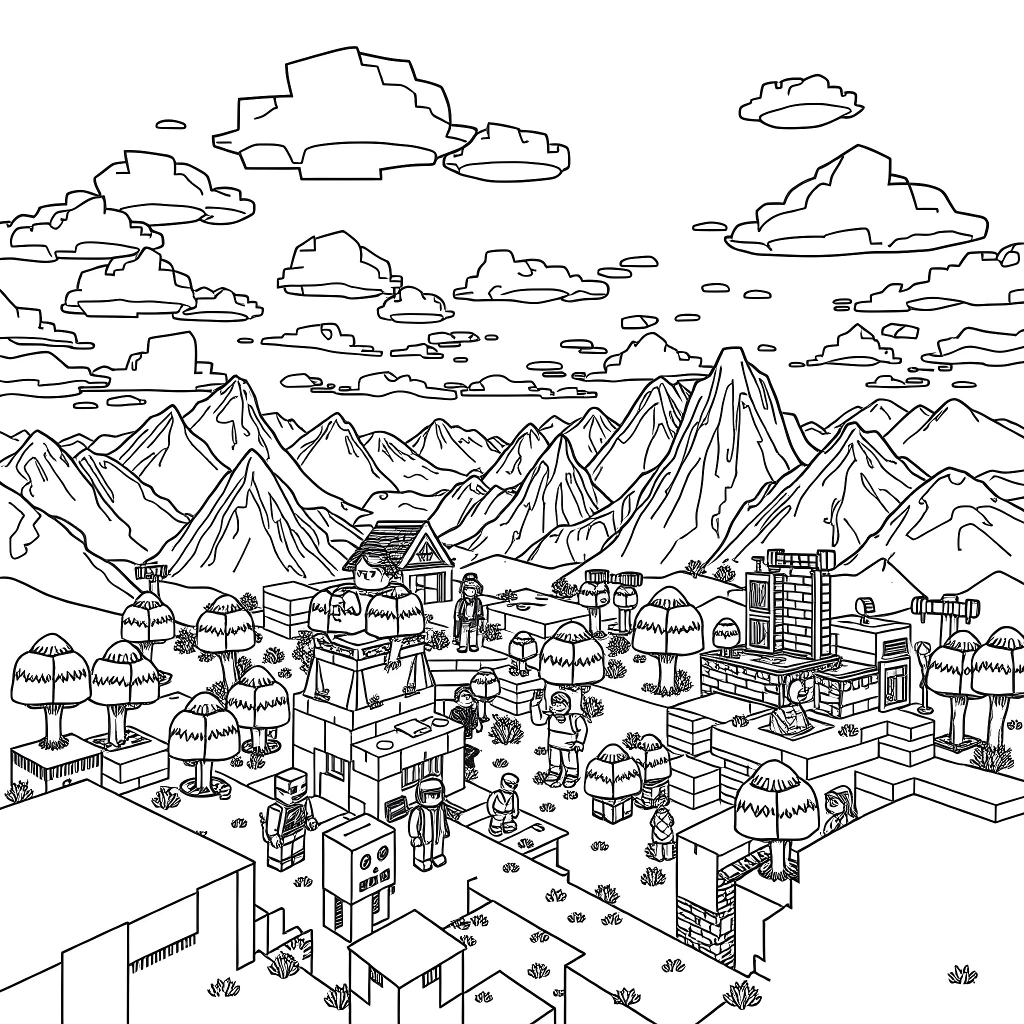 Minecraft village nestled in the mountains Coloring Page (free black-and-white line drawing printable PDF for all, from beginners to advanced learners, including children, teens, adults, and seniors)