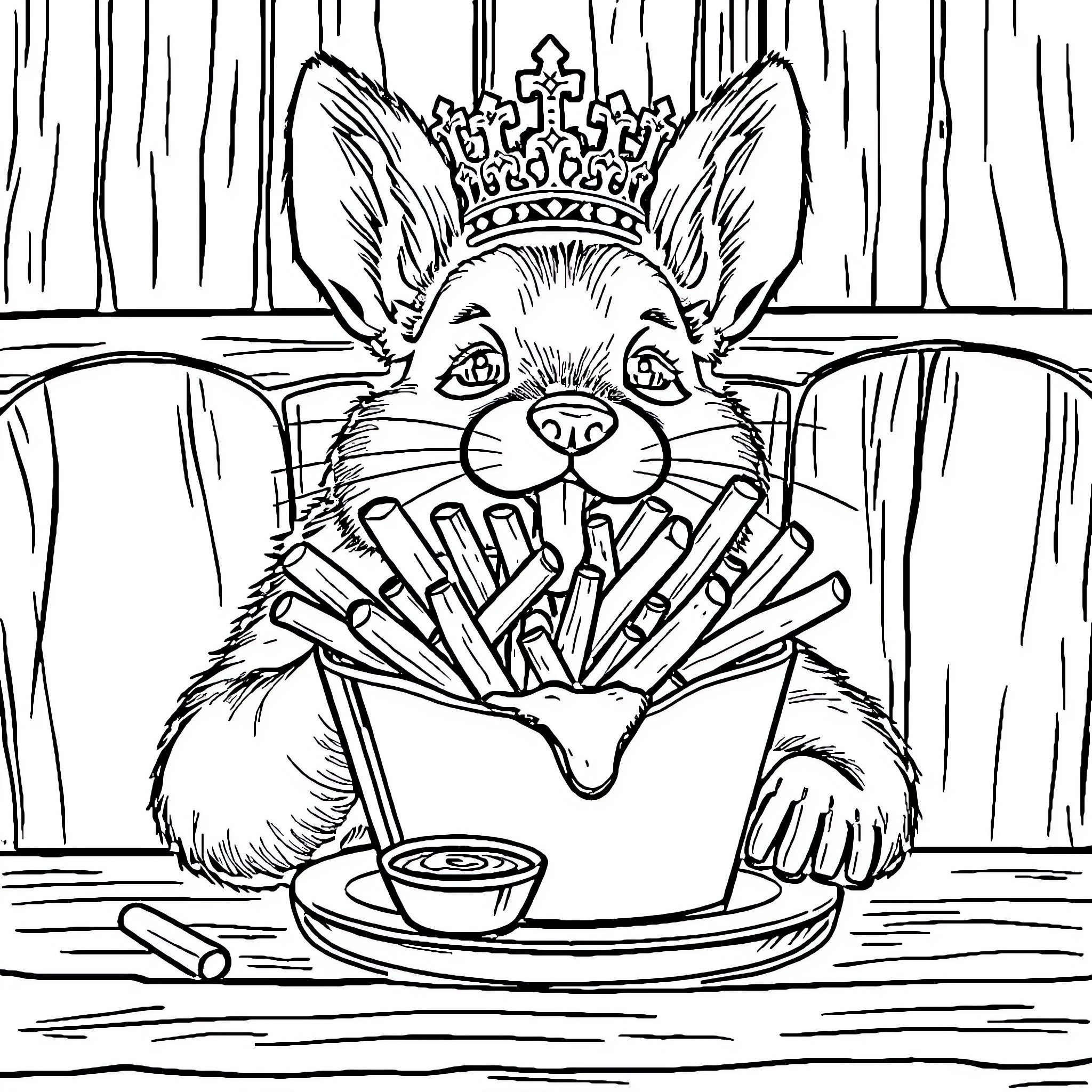 Poodle wearing a crown enjoying french fries Coloring Page (free black-and-white line drawing printable PDF for all, from beginners to advanced learners, including children, teens, adults, and seniors)