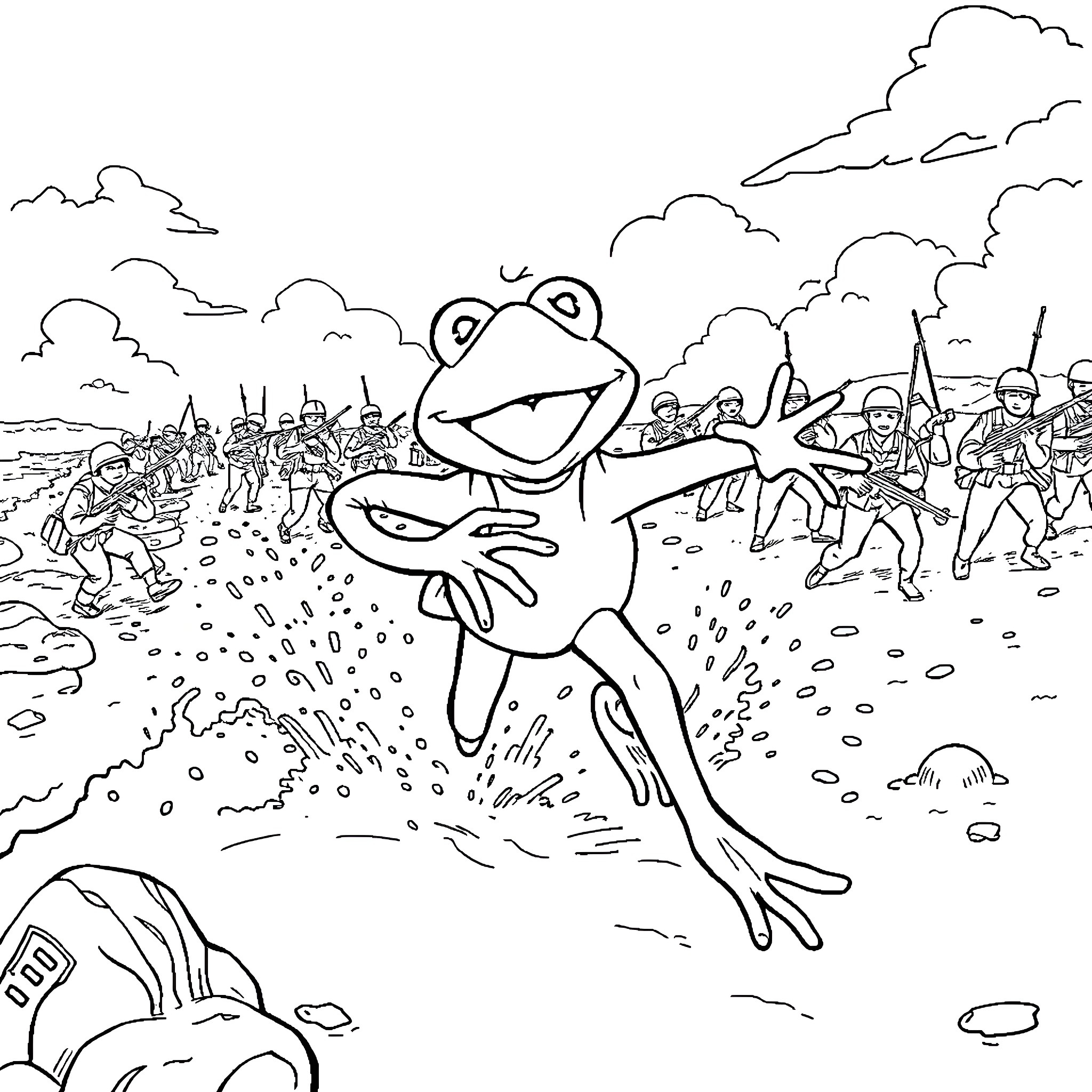 Kermit the Frog's Whimsical Adventure Coloring Page (free black-and-white line drawing printable PDF for all, from beginners to advanced learners, including children, teens, adults, and seniors)