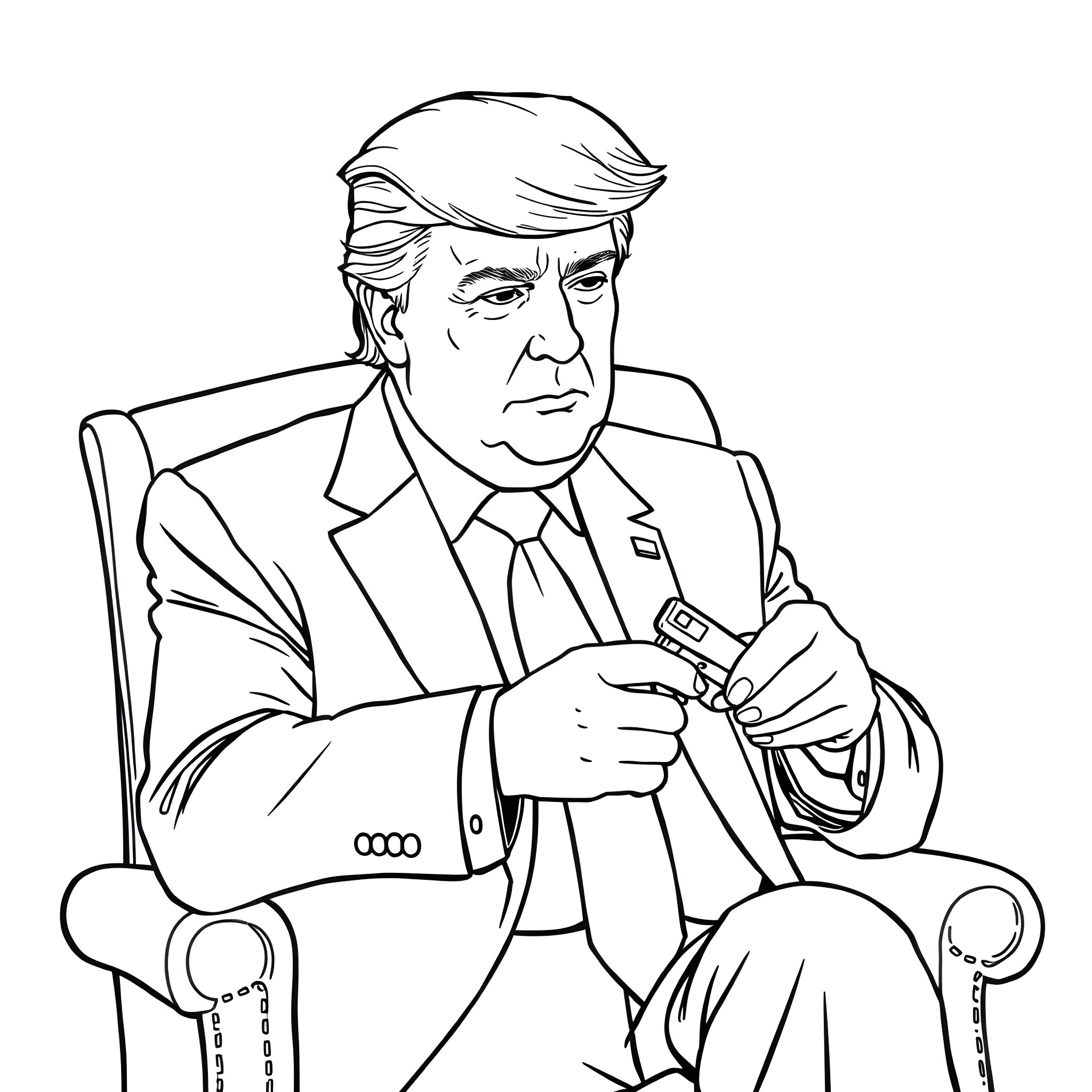 Donald Trump sitting in a chair, looking stern Coloring Page (free black-and-white line drawing printable PDF for all, from beginners to advanced learners, including children, teens, adults, and seniors)