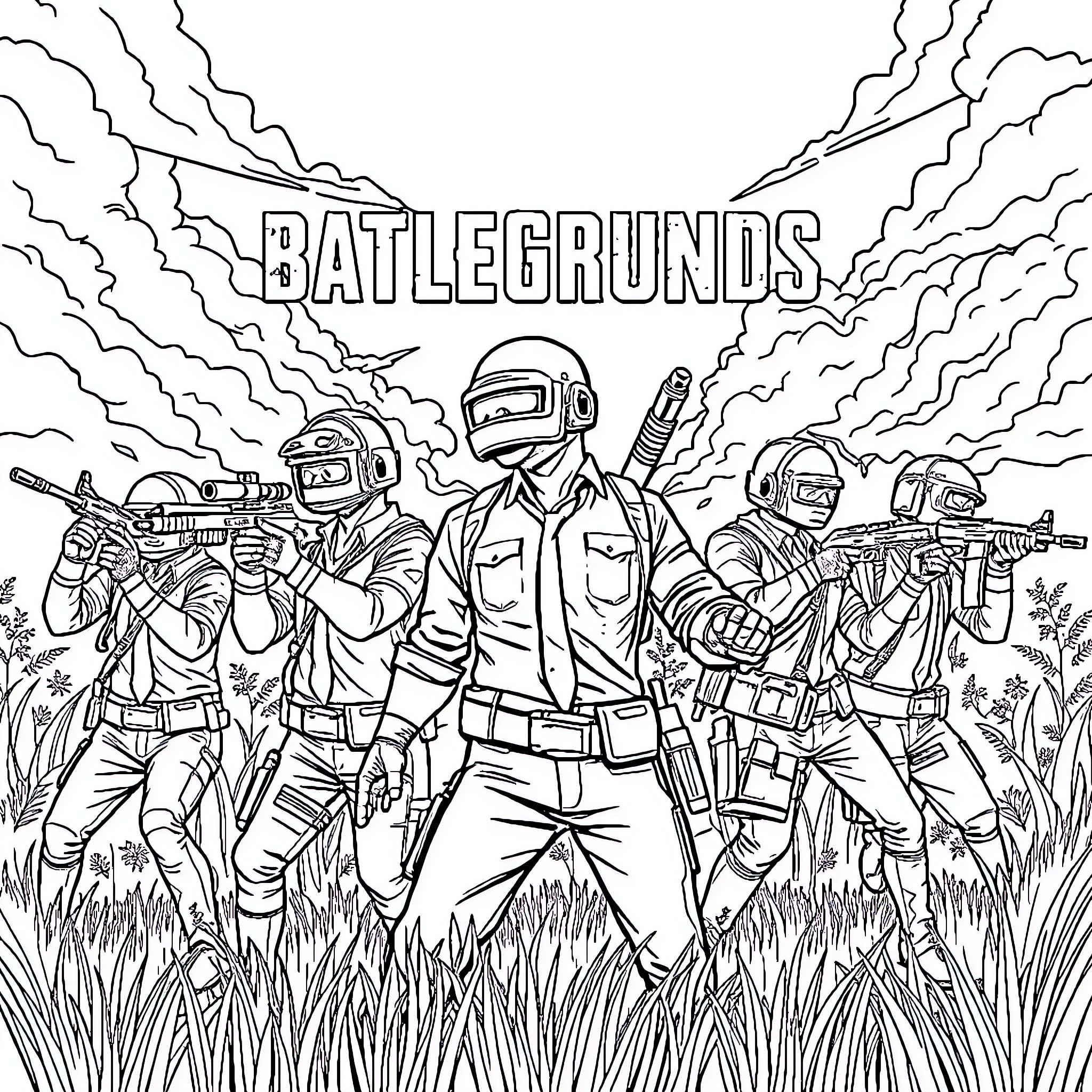 Pupg soldiers in combat gear wielding weapons Coloring Page (free black-and-white line drawing printable PDF for all, from beginners to advanced learners, including children, teens, adults, and seniors)