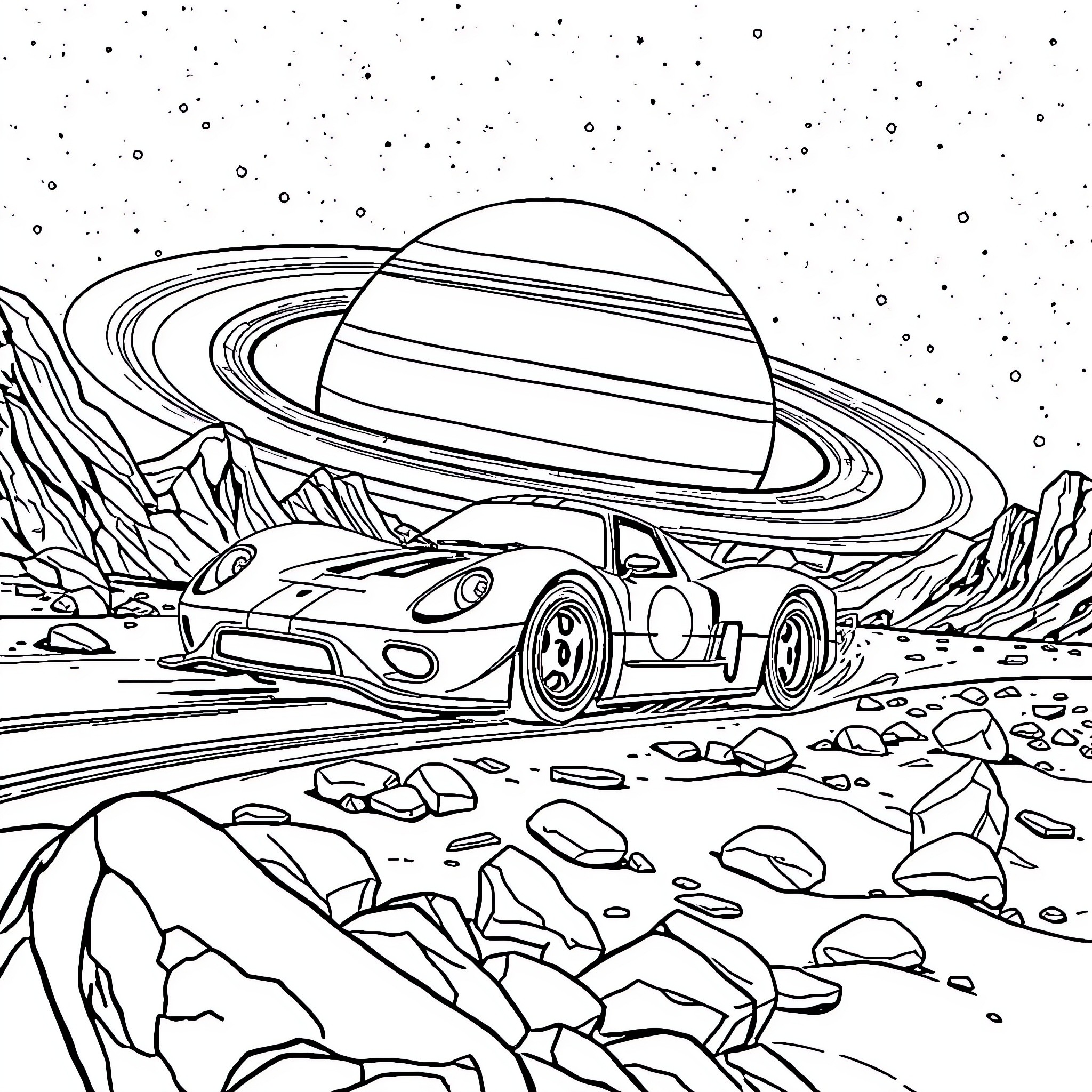 Race Car in Alien Landscape with Planet Rings Coloring Page (free black-and-white line drawing printable PDF for all, from beginners to advanced learners, including children, teens, adults, and seniors)