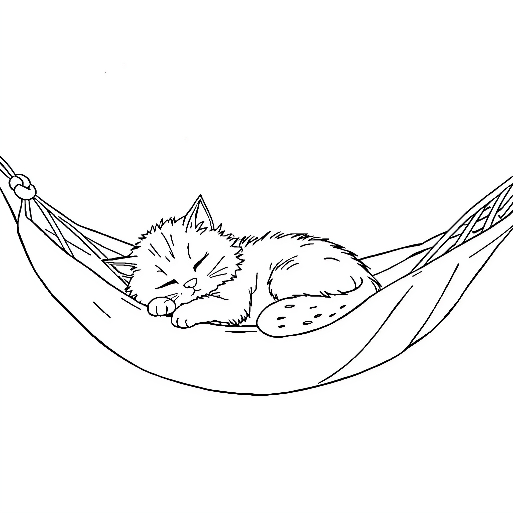 Cat sleeping peacefully in a hammock Coloring Page (free black-and-white line drawing printable PDF for all, from beginners to advanced learners, including children, teens, adults, and seniors)