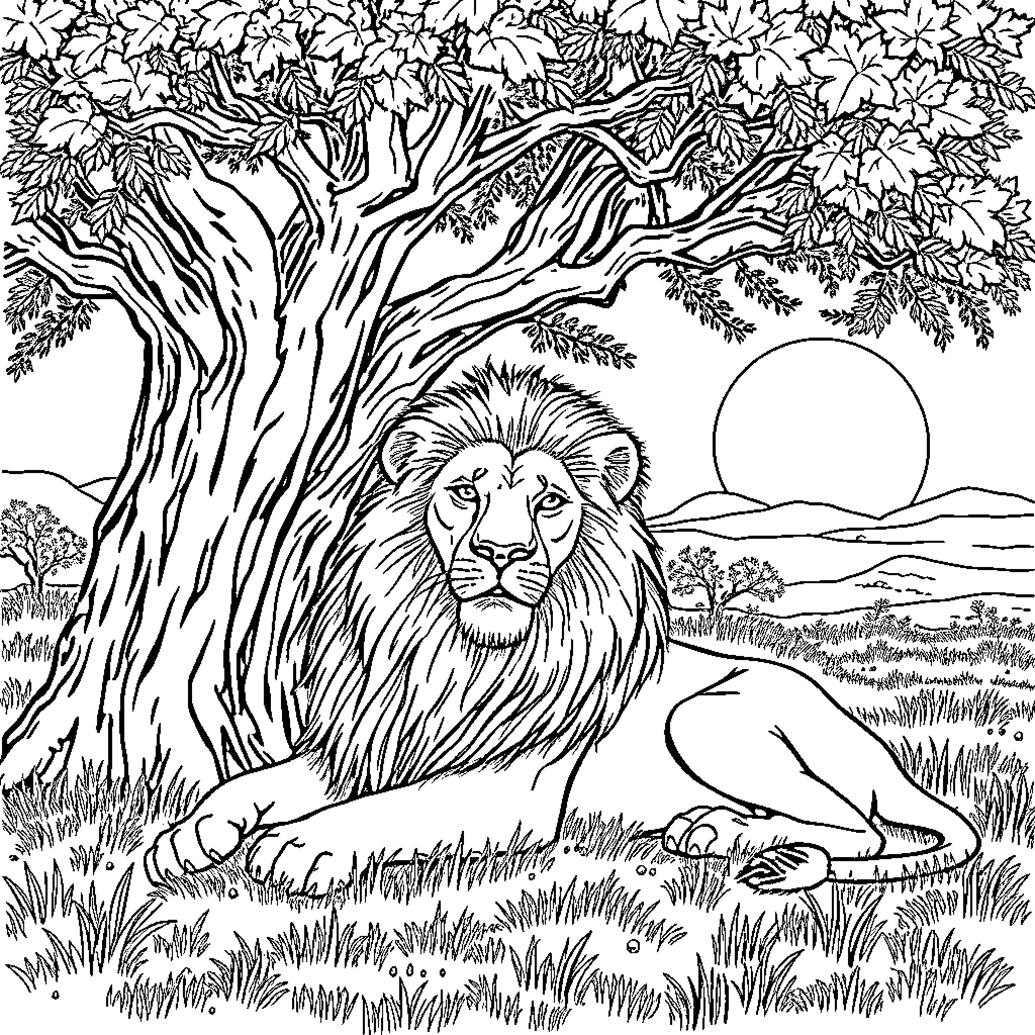Lion resting beneath a shady tree at sunset Coloring Page (free black-and-white line drawing printable PDF for all, from beginners to advanced learners, including children, teens, adults, and seniors)