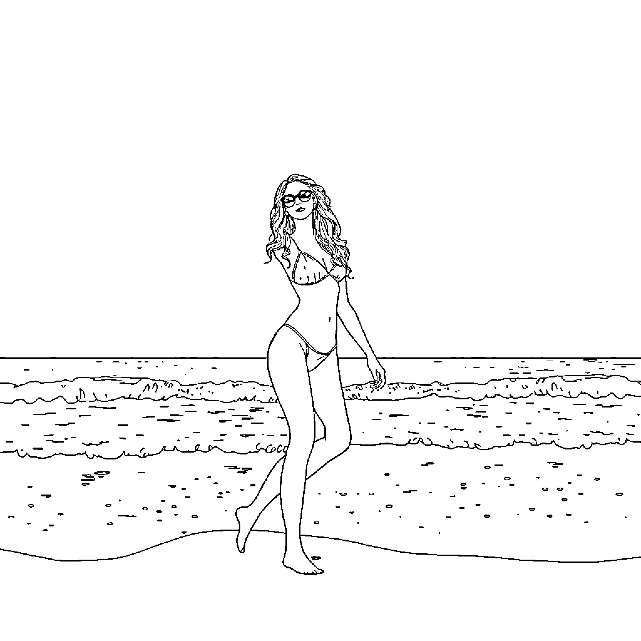 Jessica Alba poses in swimwear on the beach Coloring Page (free black-and-white line drawing printable PDF for all, from beginners to advanced learners, including children, teens, adults, and seniors)
