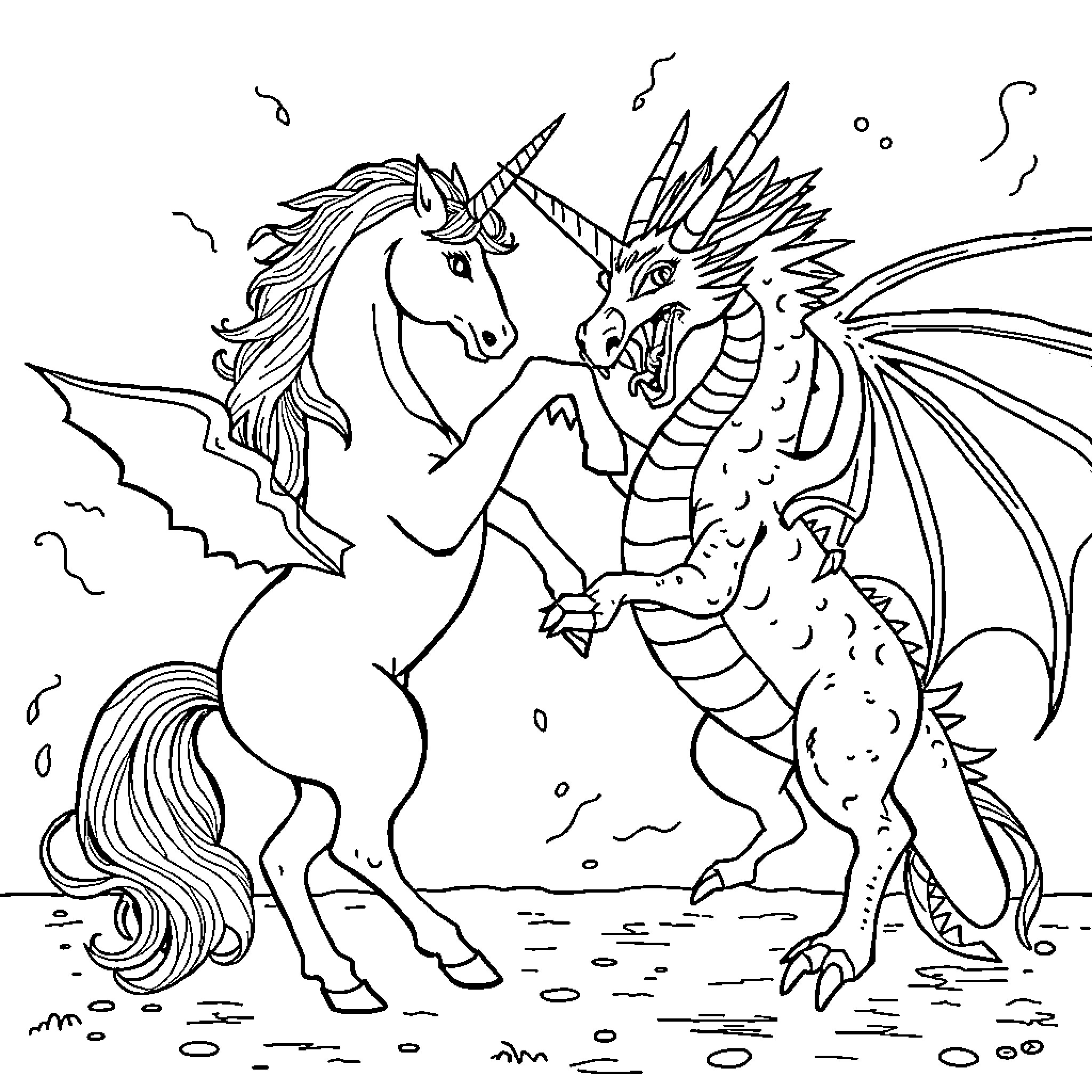 Unicorn facing off against a fierce dragon Coloring Page (free black-and-white line drawing printable PDF for all, from beginners to advanced learners, including children, teens, adults, and seniors)
