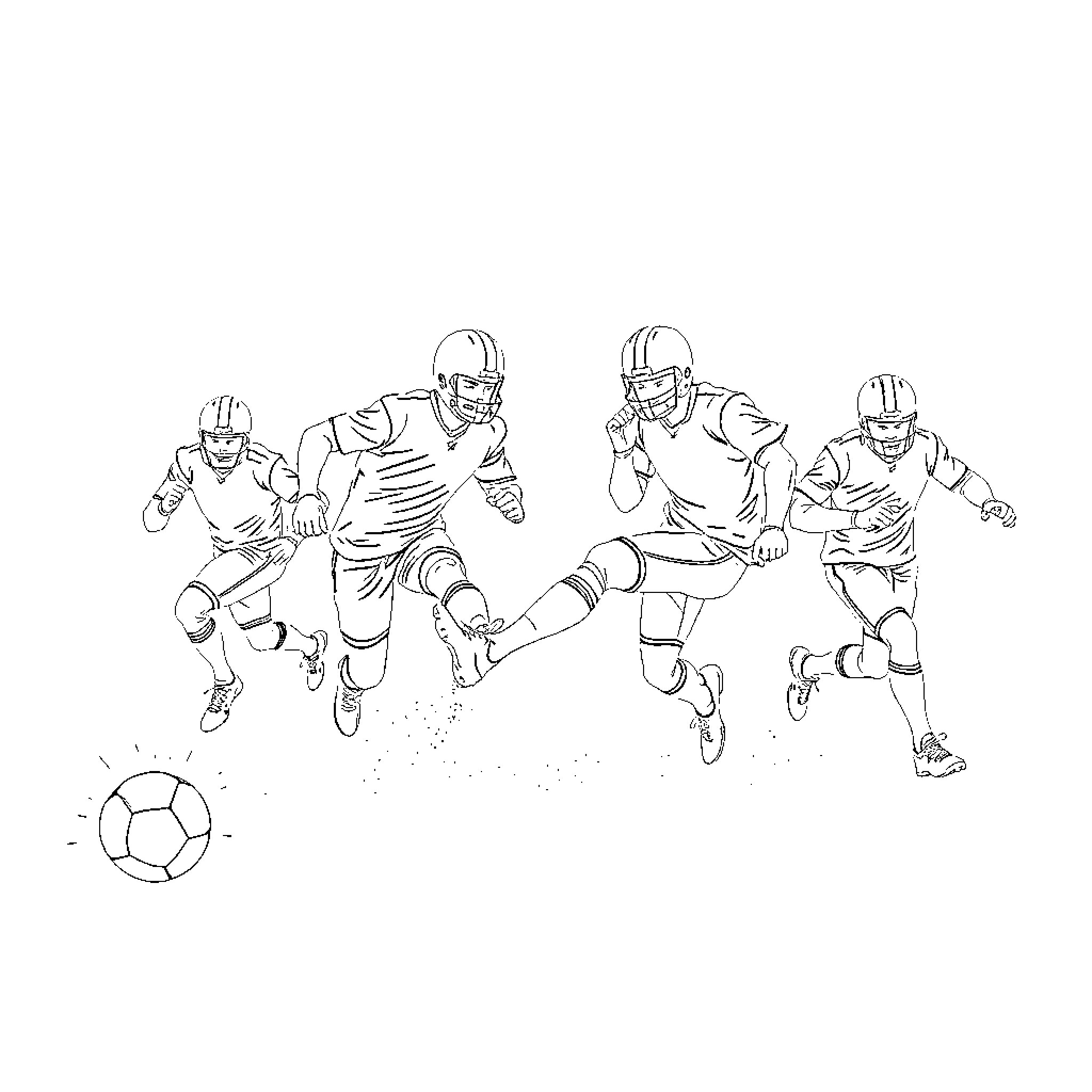 Blueprint of Football Players in Action Coloring Page (free black-and-white line drawing printable PDF for all, from beginners to advanced learners, including children, teens, adults, and seniors)