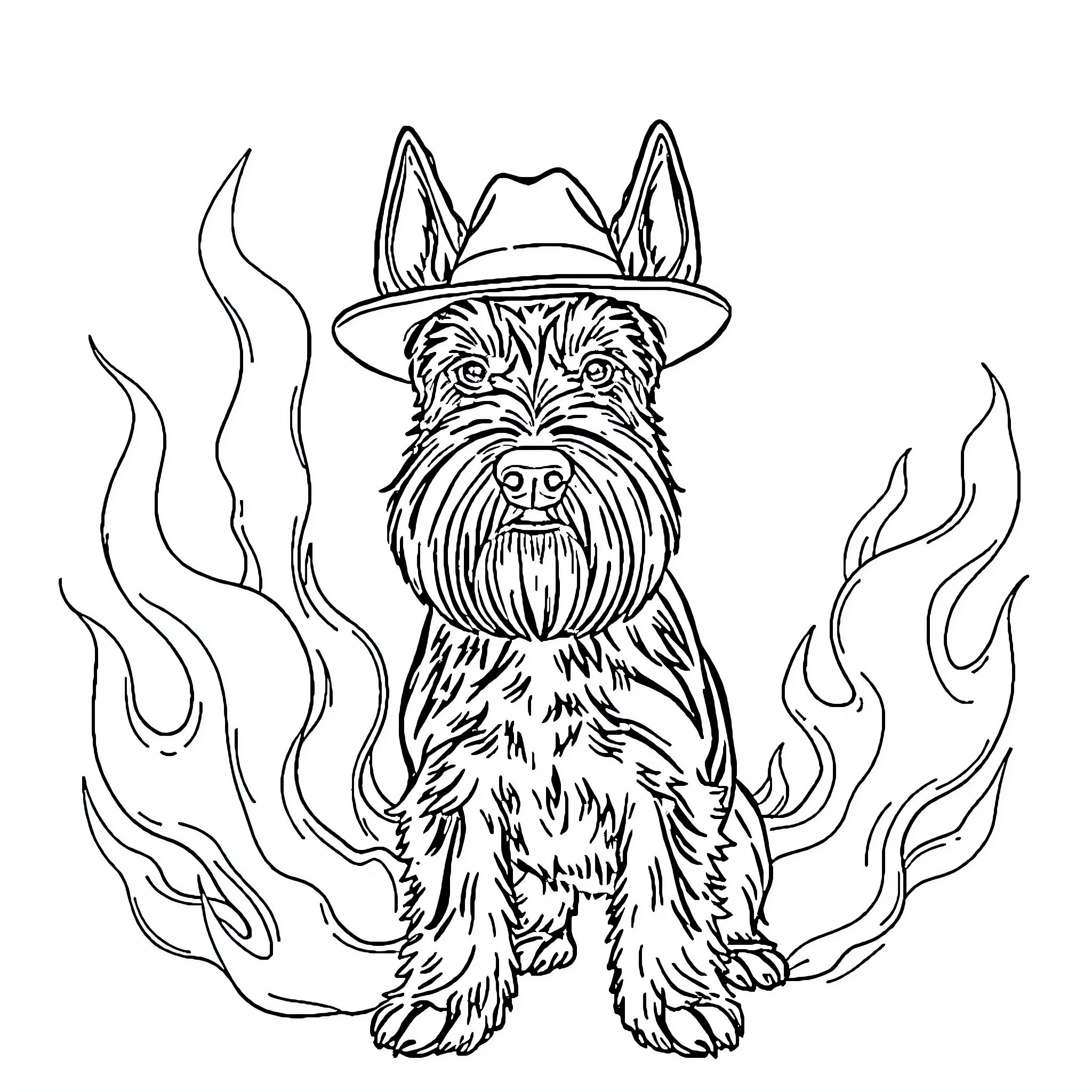 Schnauzer dog with a cowboy hat in a fiery scene Coloring Page (free black-and-white line drawing printable PDF for all, from beginners to advanced learners, including children, teens, adults, and seniors)