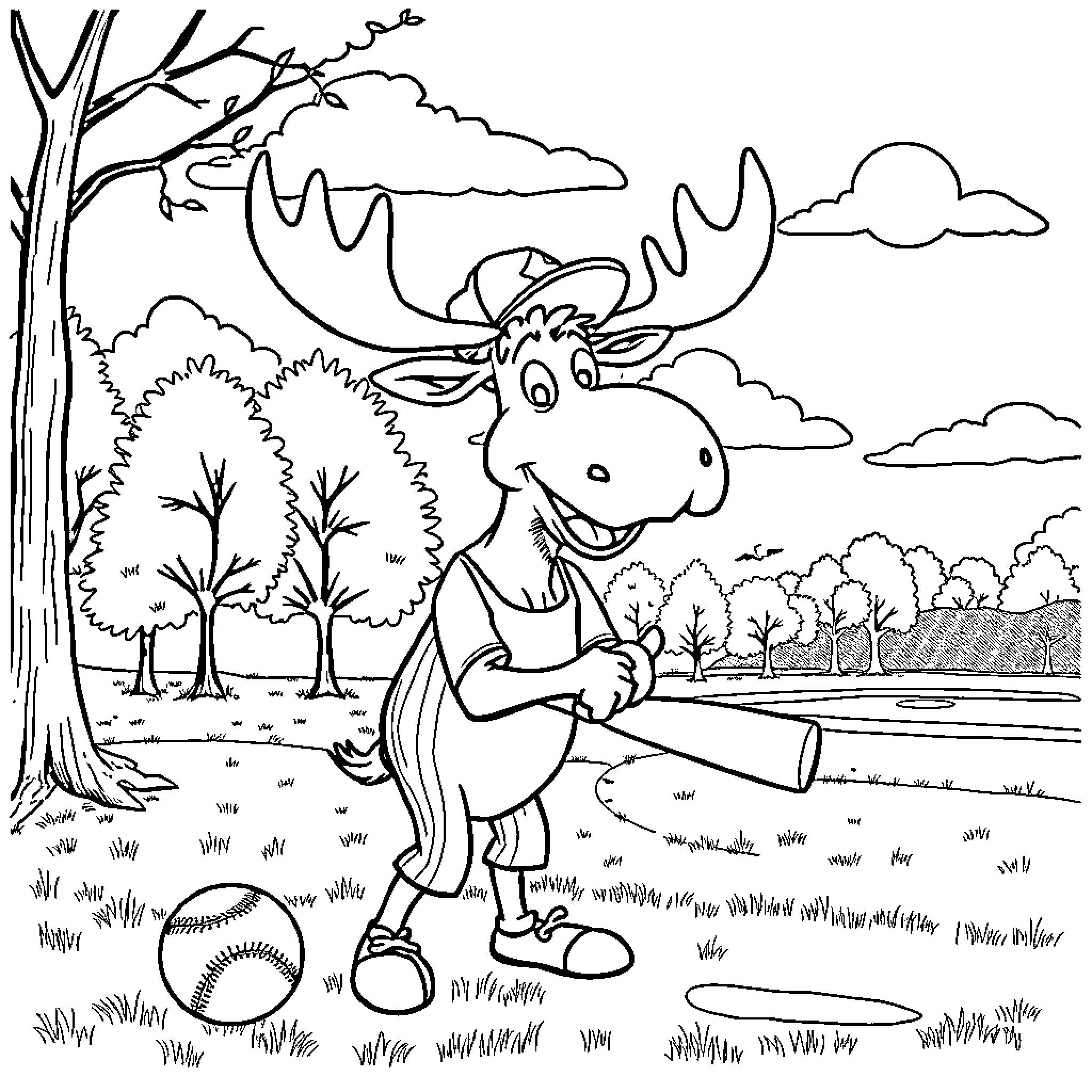 Moose playing baseball in the forest Coloring Page (free black-and-white line drawing printable PDF for all, from beginners to advanced learners, including children, teens, adults, and seniors)