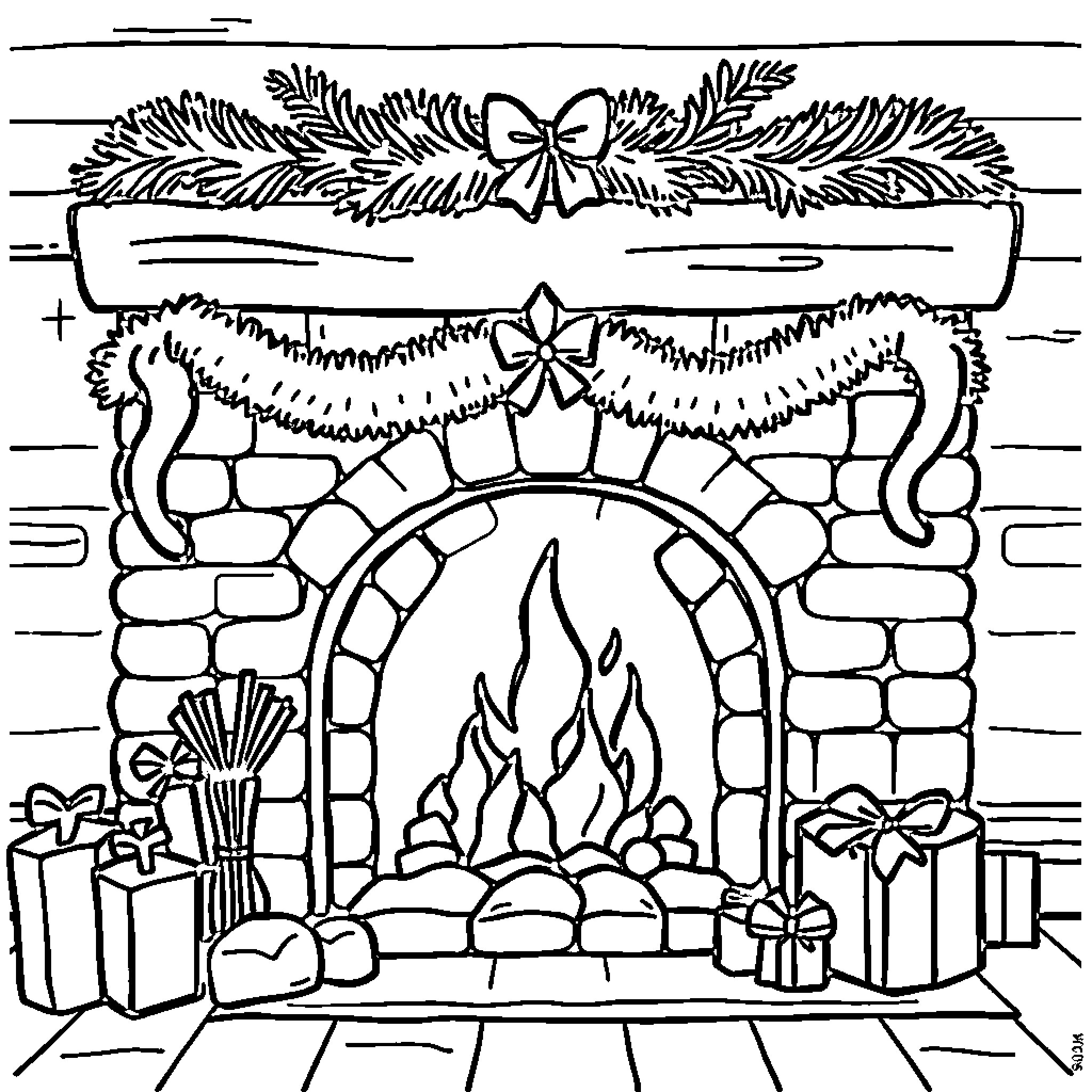 Fireplace decorated for the holidays Coloring Page (free black-and-white line drawing printable PDF for all, from beginners to advanced learners, including children, teens, adults, and seniors)