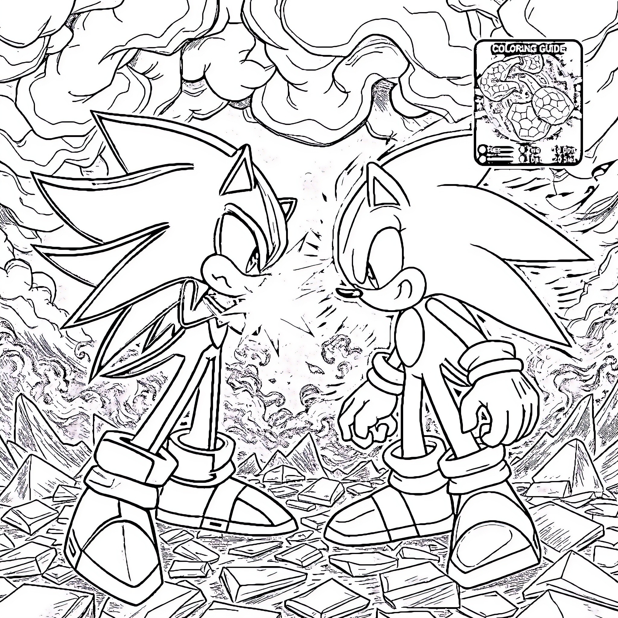 Sonic and friends in an action-packed adventure Coloring Page (free black-and-white line drawing printable PDF for all, from beginners to advanced learners, including children, teens, adults, and seniors)