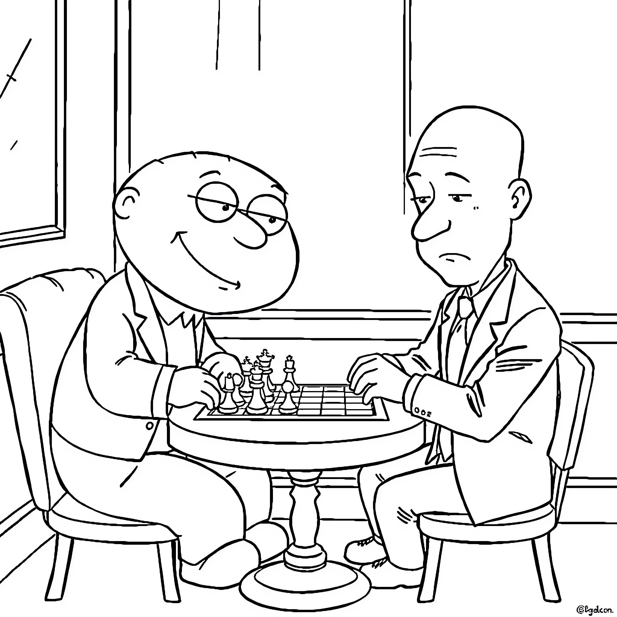 Stewie Griffin plays chess with an older gentleman Coloring Page (free black-and-white line drawing printable PDF for all, from beginners to advanced learners, including children, teens, adults, and seniors)
