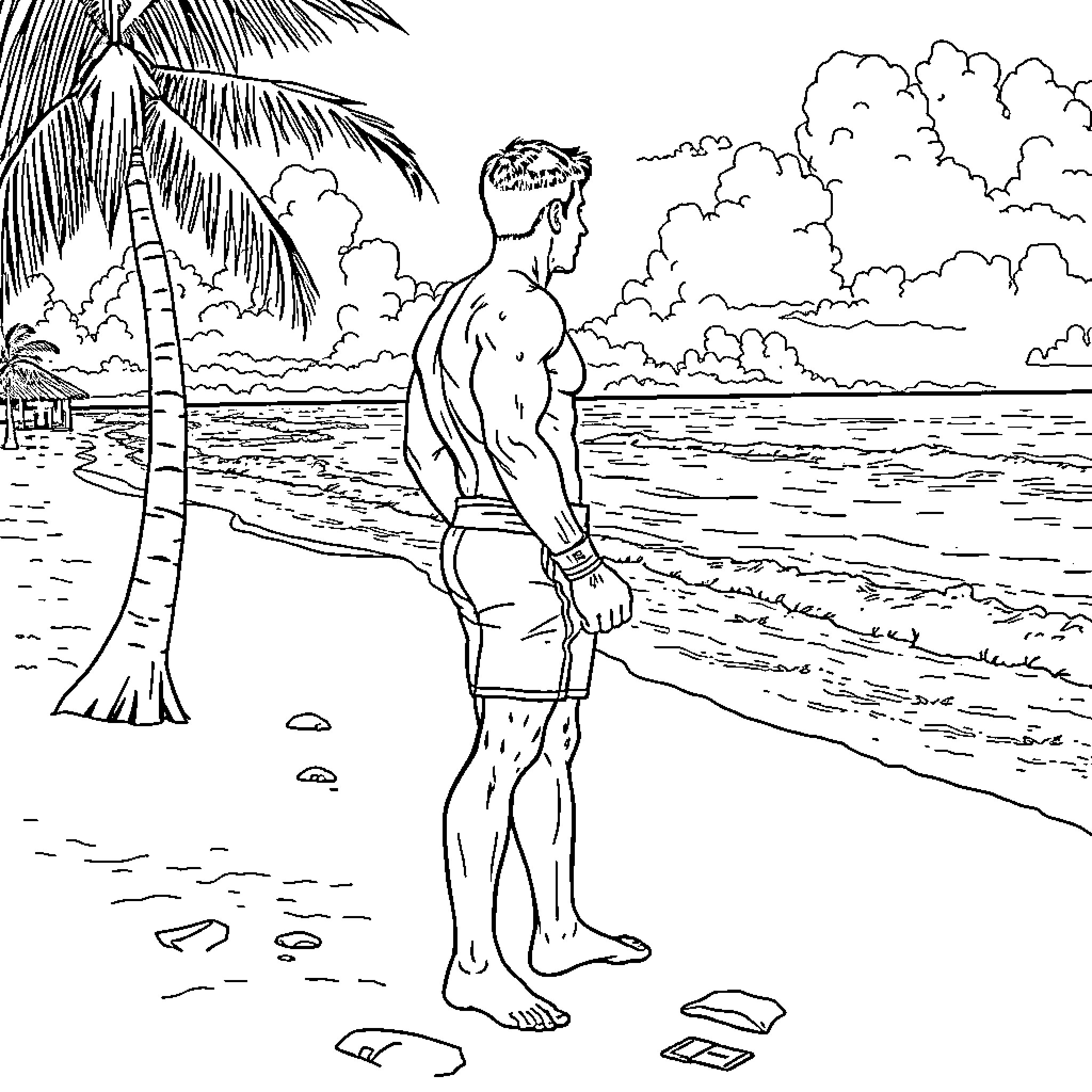 Rocky Balboa standing on a tropical beach Coloring Page (free black-and-white line drawing printable PDF for all, from beginners to advanced learners, including children, teens, adults, and seniors)